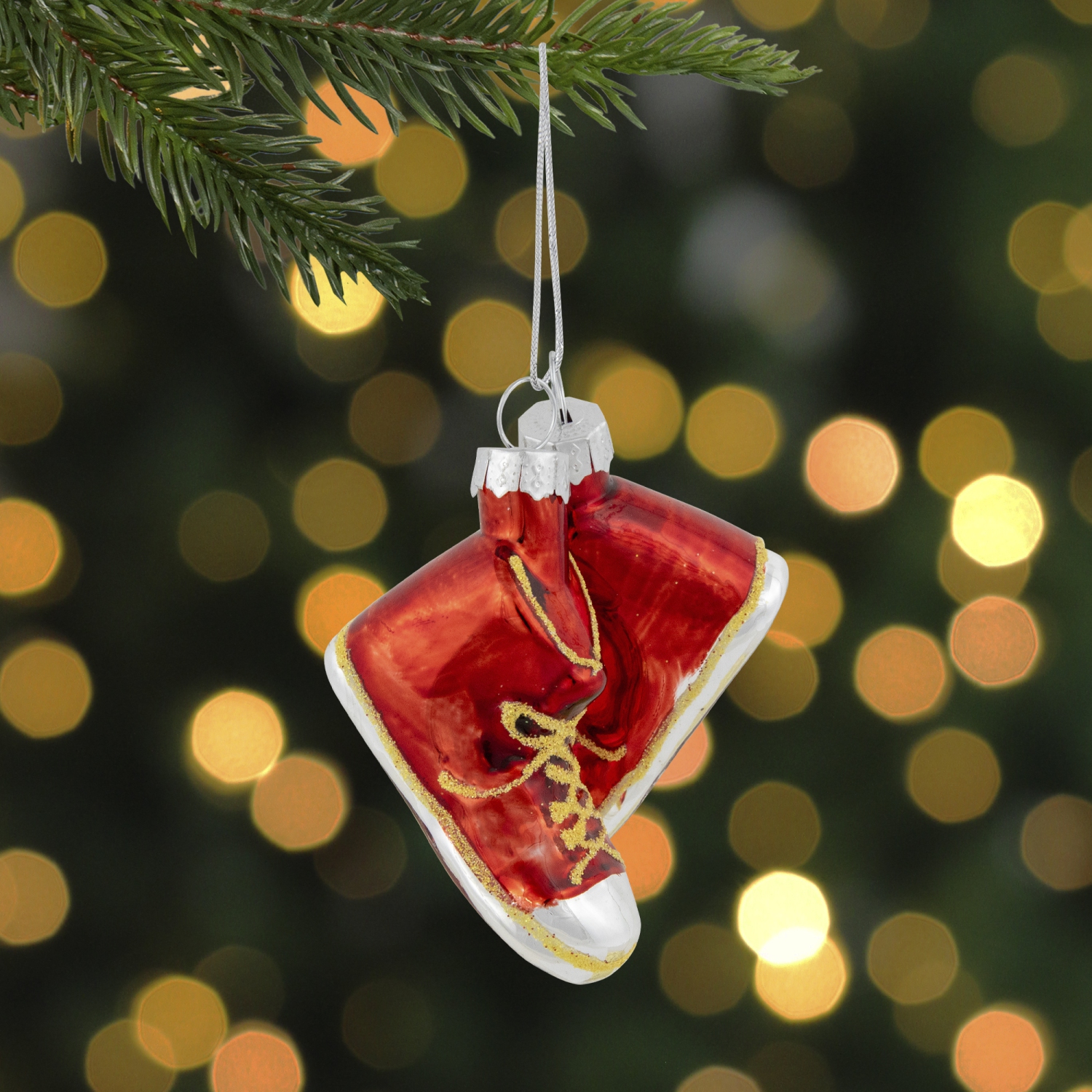 2.25" Red and Silver Sneakers Glass Christmas Hanging Ornament