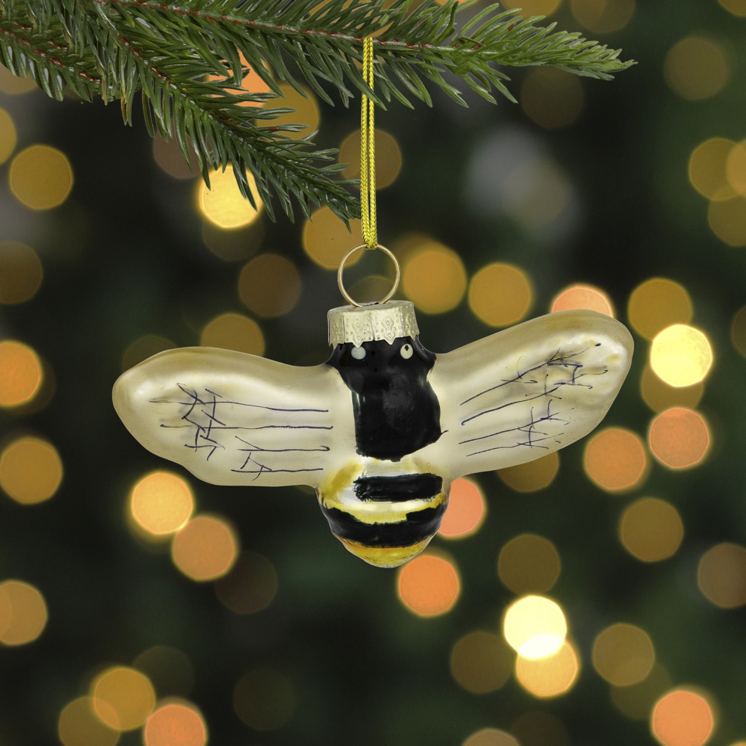 3.25" Black and Yellow Bee Glass Christmas Ornament
