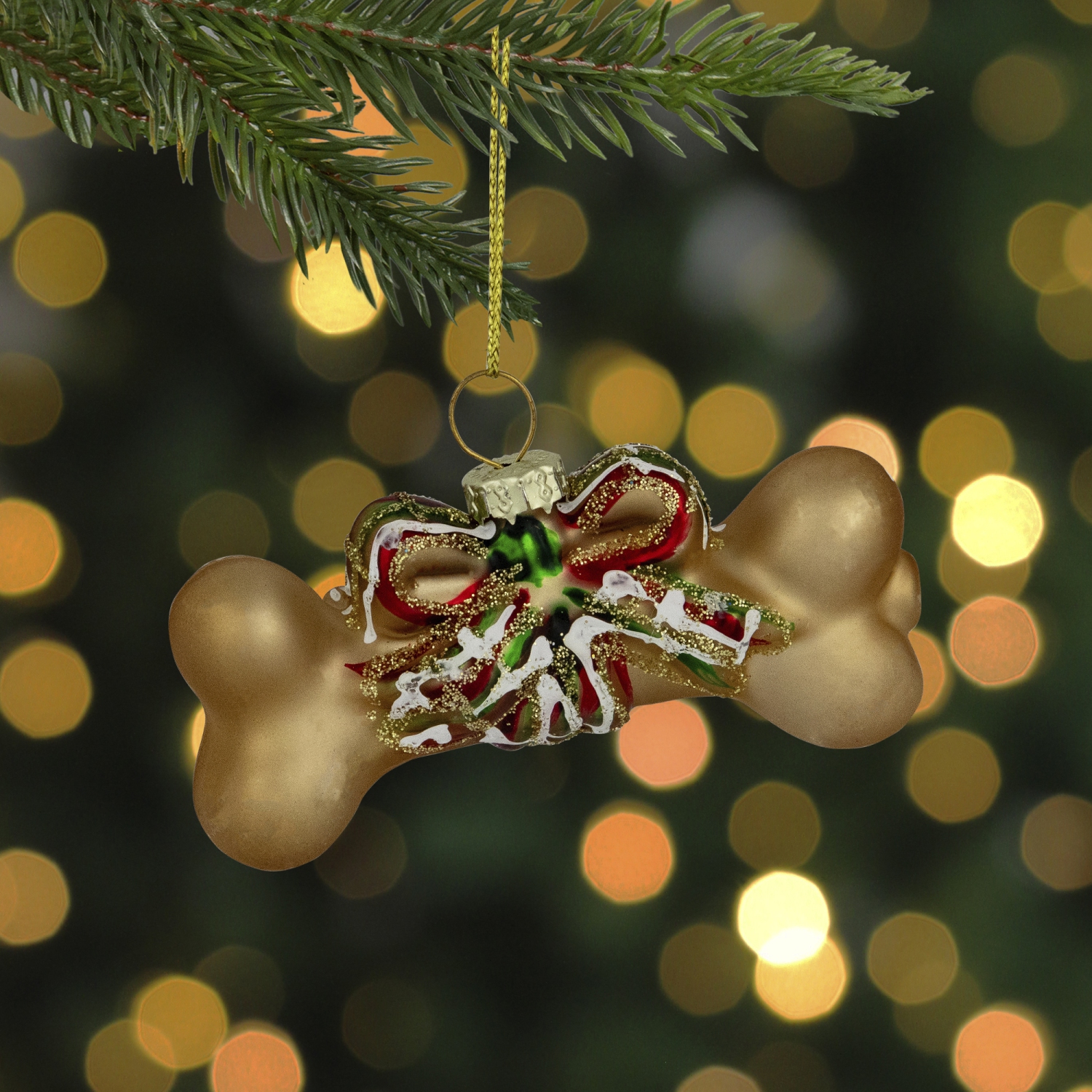 3.25" Gold Dog Bone with Bow Glass Christmas Ornament