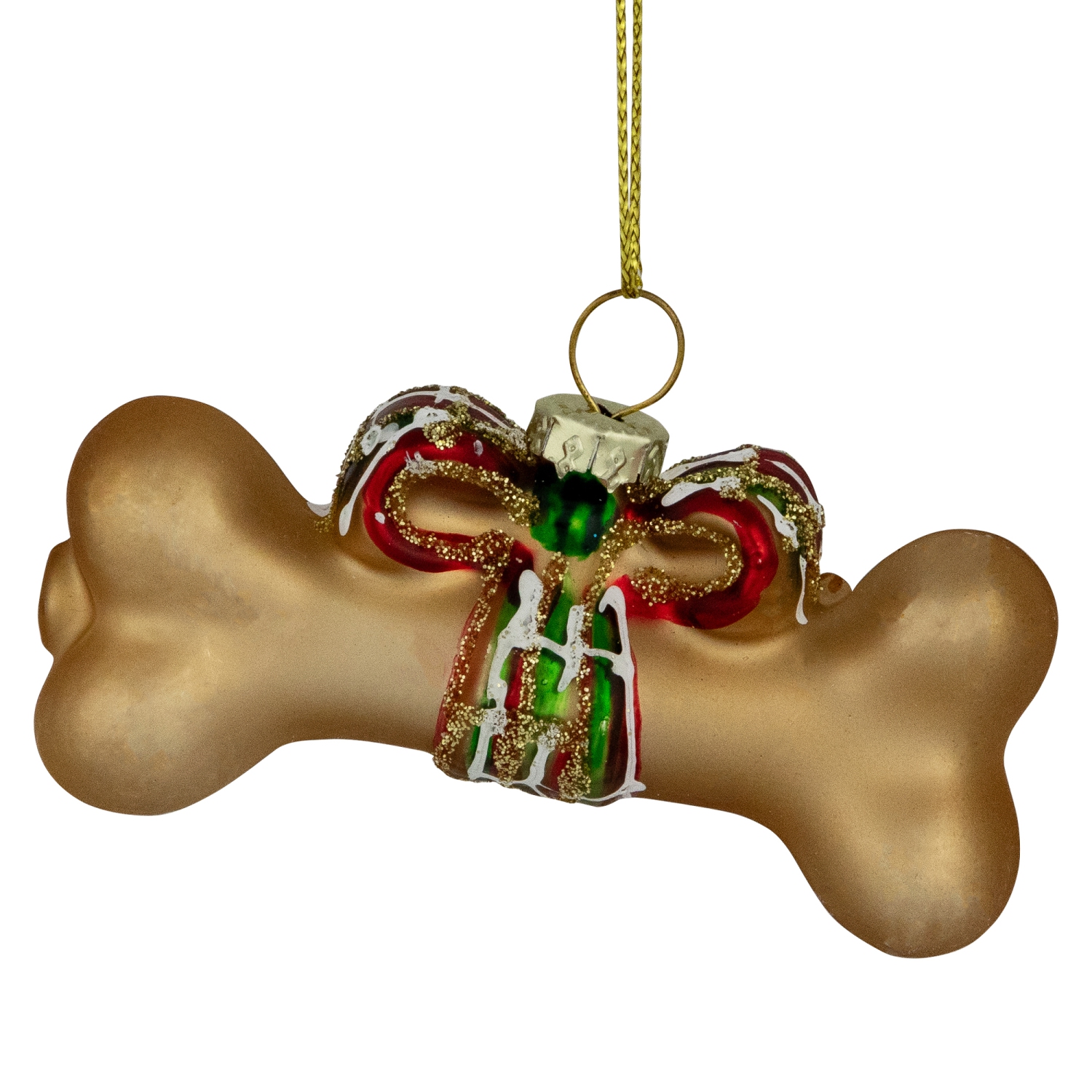 3.25" Gold Dog Bone with Bow Glass Christmas Ornament