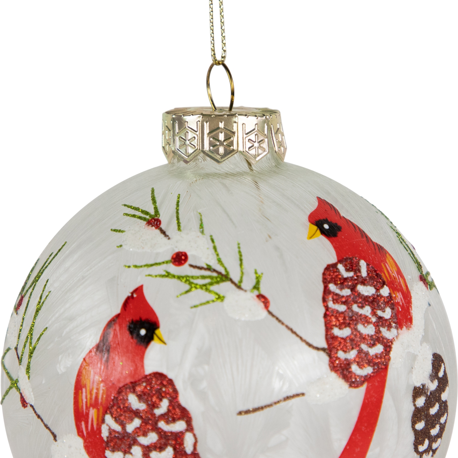 Cardinal Birds Christmas Glass Ball Ornaments - 4" - White and Red - Set of 2