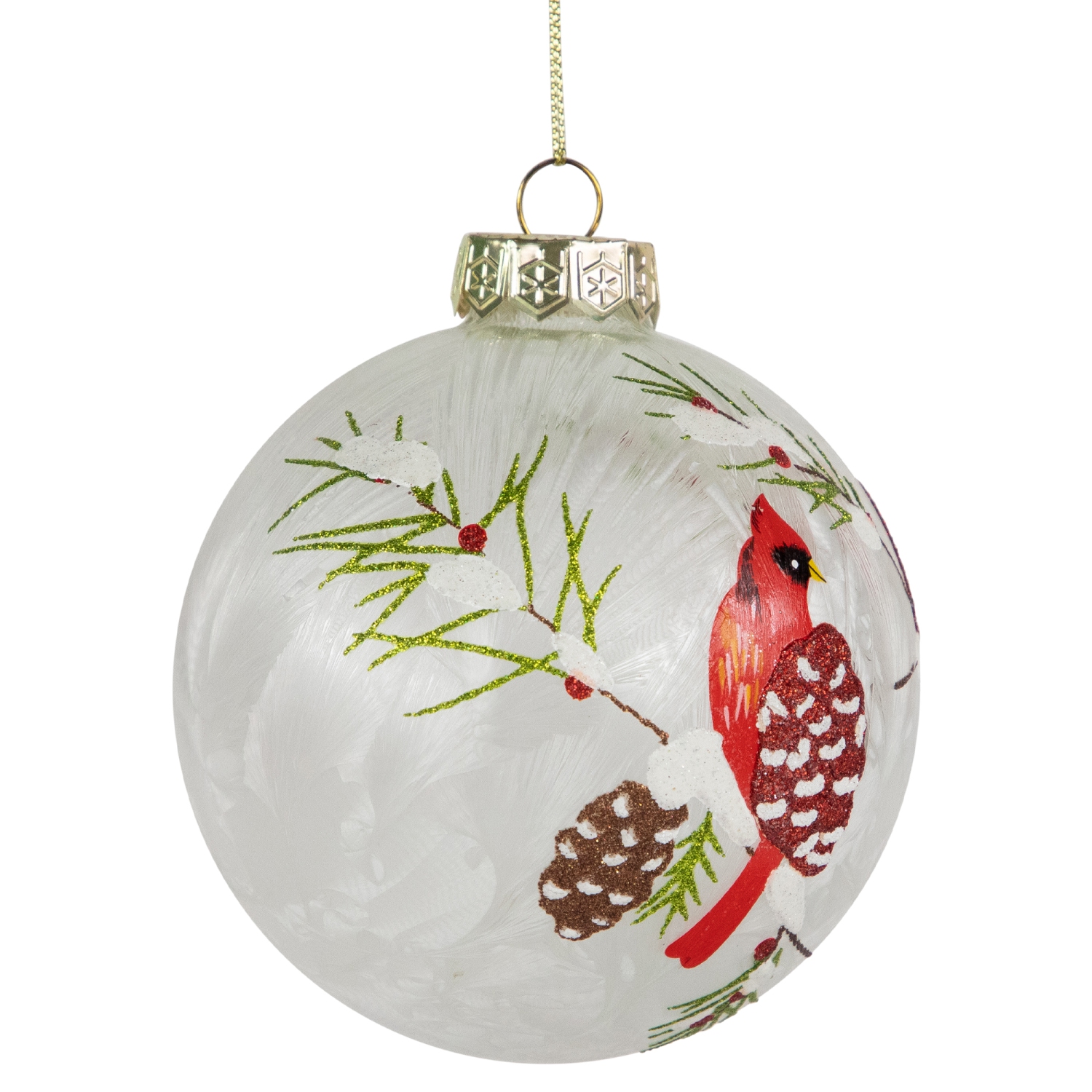 Cardinal Birds Christmas Glass Ball Ornaments - 4" - White and Red - Set of 2