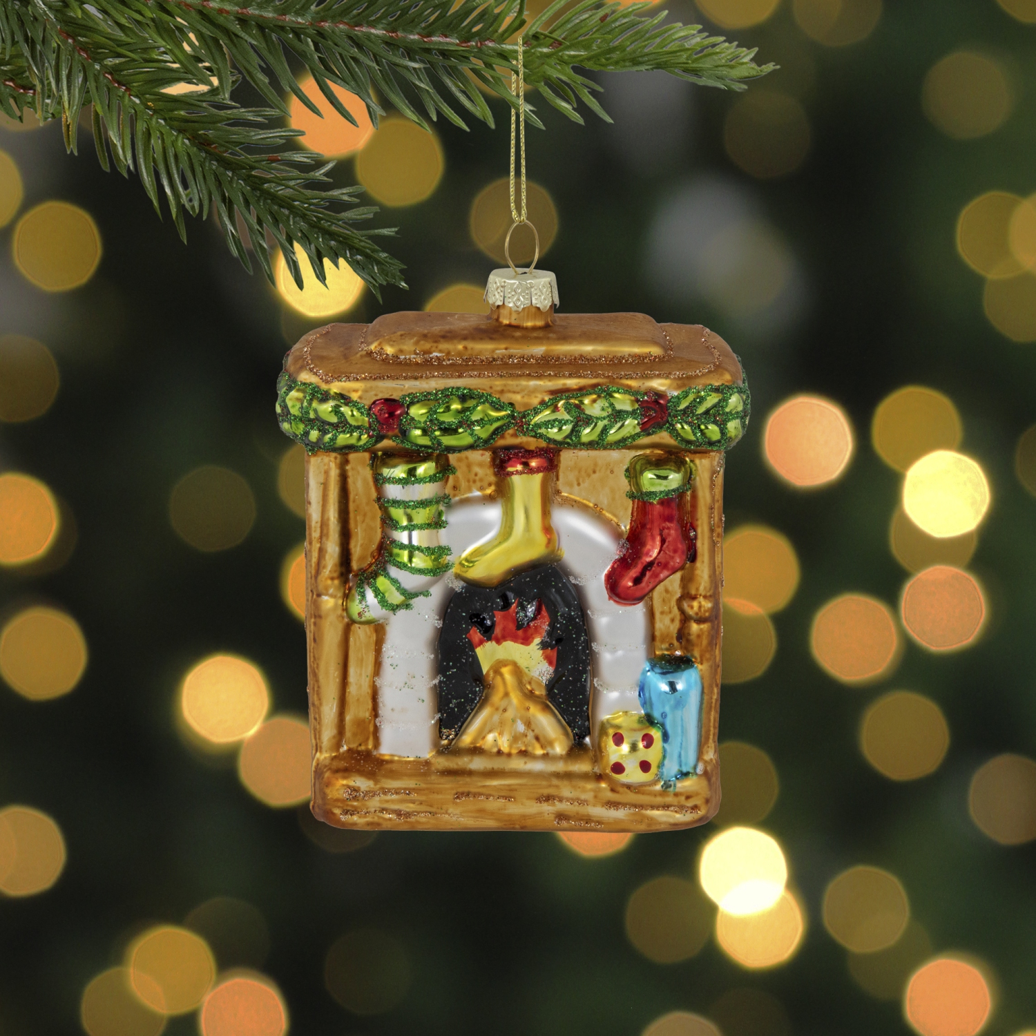 4" Bronze Glittered Fireplace Glass Christmas Hanging Ornament