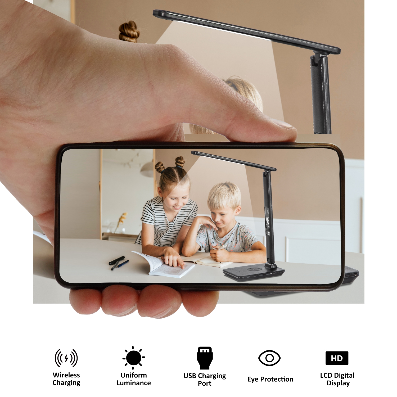 Remis à neuf - Lampe de bureau DEL SHOPPINGALL avec chargeur sans fil Qi, port de chargement USB, 3 modes de couleur avec 5 niveaux de luminosité,