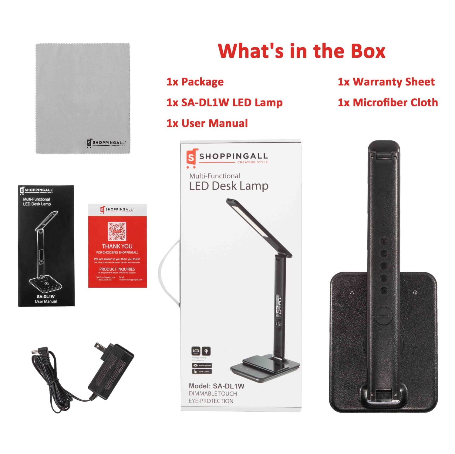 Remis à neuf - Lampe de bureau DEL SHOPPINGALL avec chargeur sans fil Qi, port de chargement USB, 3 modes de couleur avec 5 niveaux de luminosité,