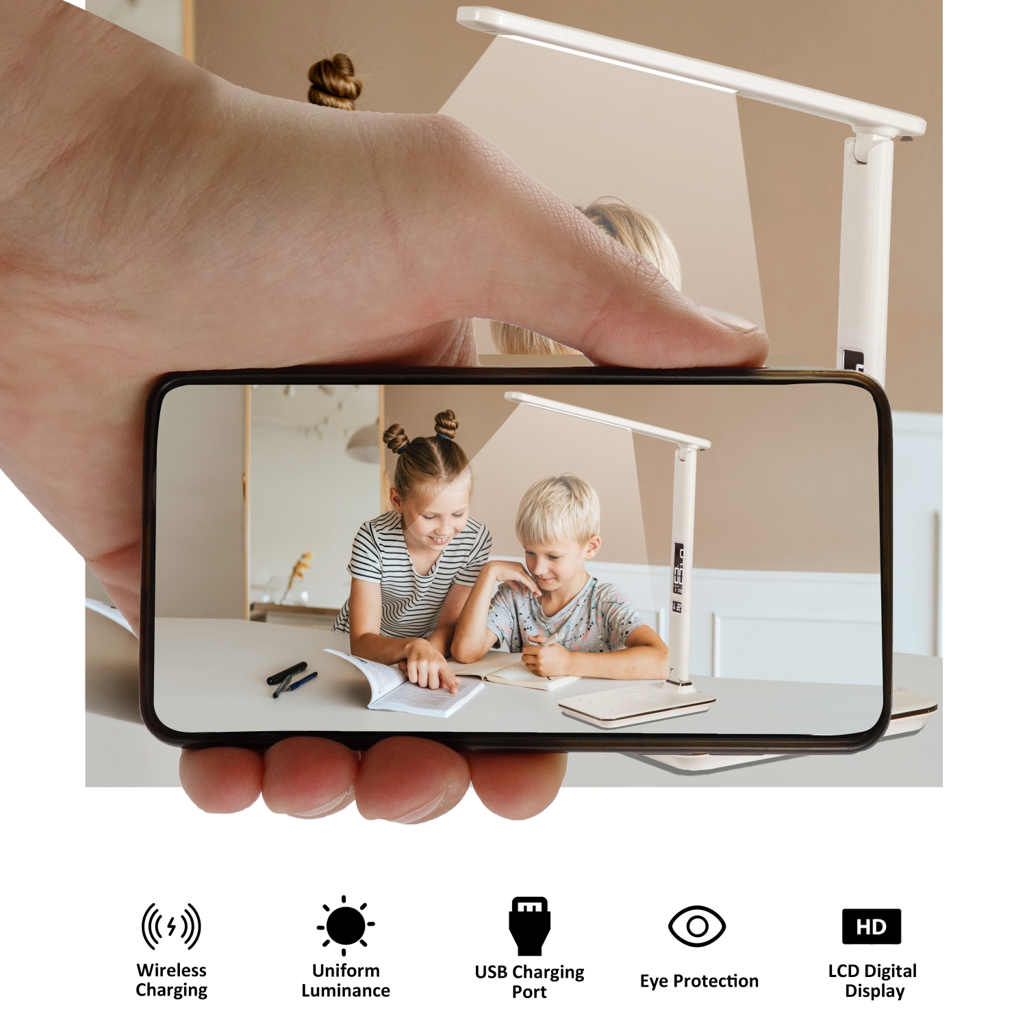 Remis à neuf - Lampe de bureau DEL SHOPPINGALL avec chargeur sans fil Qi, port de chargement USB, 3 modes de couleur avec 5 niveaux de luminosité,