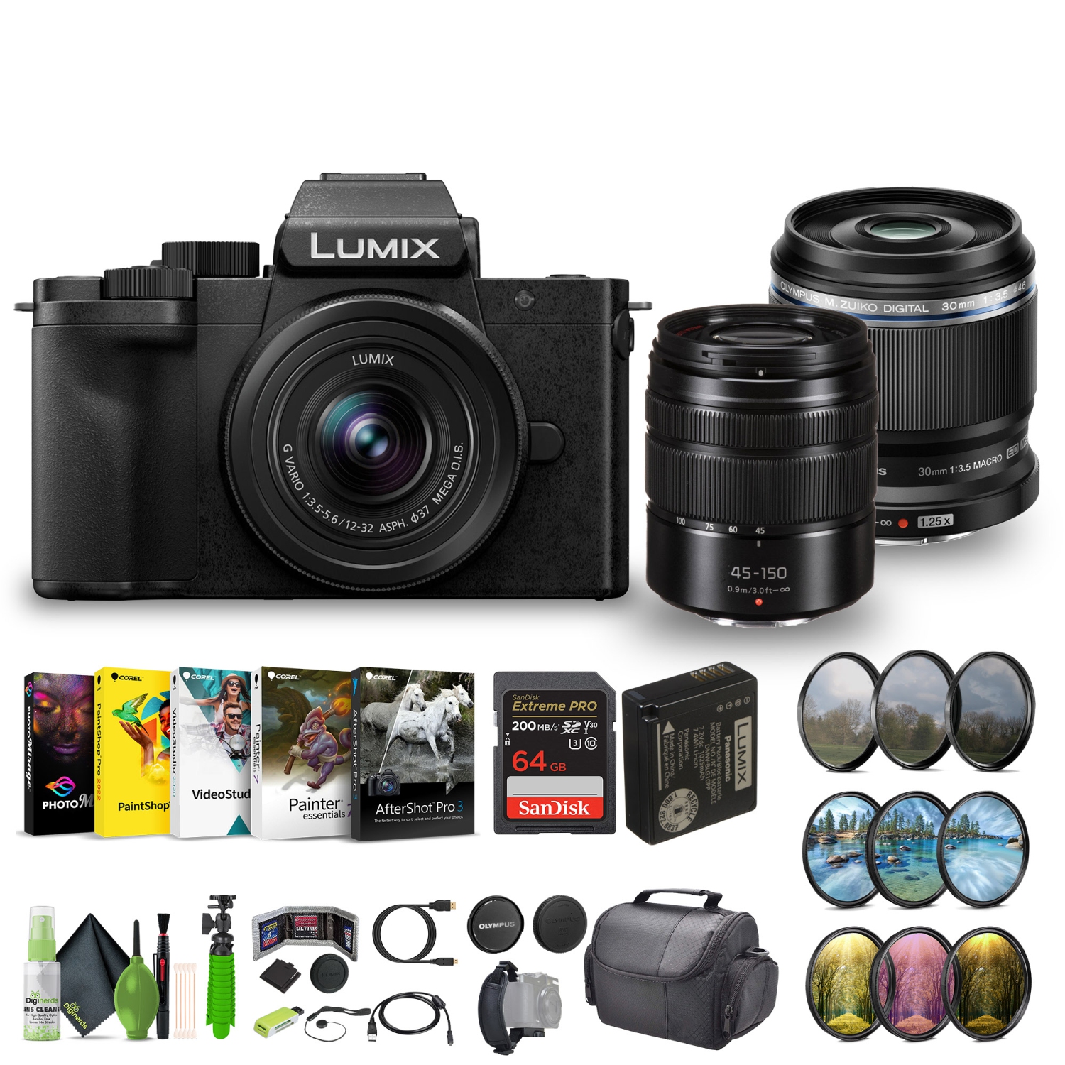 Lumix G100D 4K Mirrorless Camera 12-32mm + G Vario 45-150mm + M.Zuiko ED 30mm