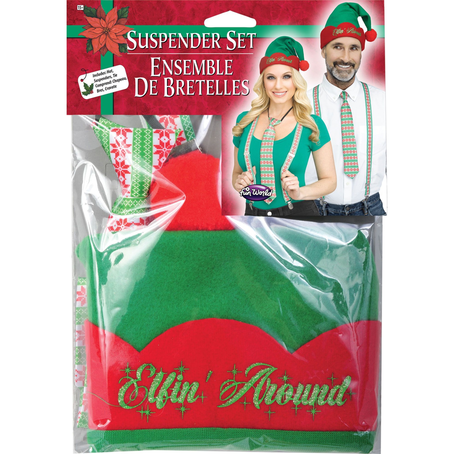 Ensemble de bretelles de Noël Nordic Snowflakes 3PC vert et rouge – taille unique