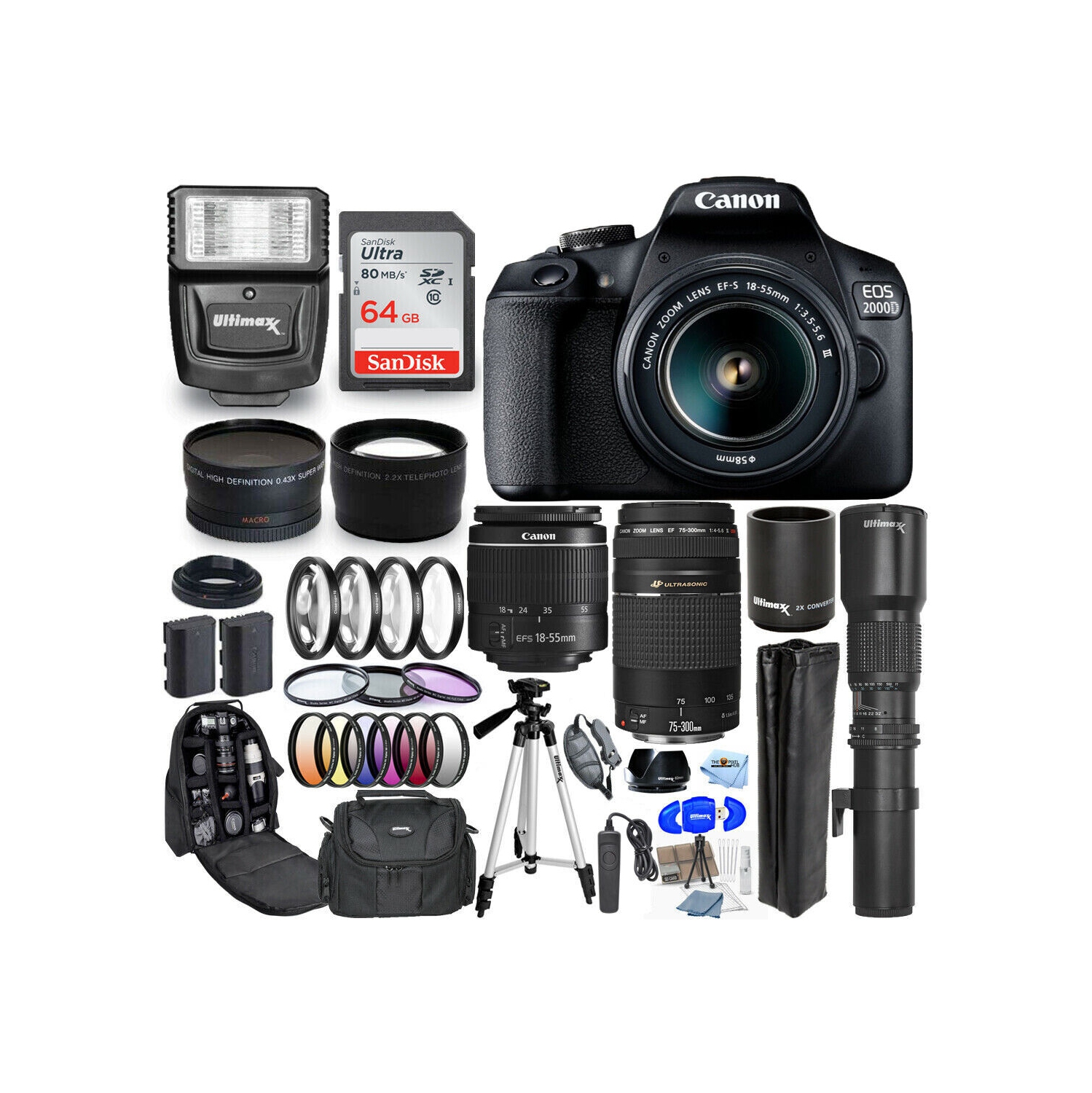 Canon EOS 2000D / Rebel T7 18-55mm + 75-300mm + 500mm 30 Piece Accessory Bundle