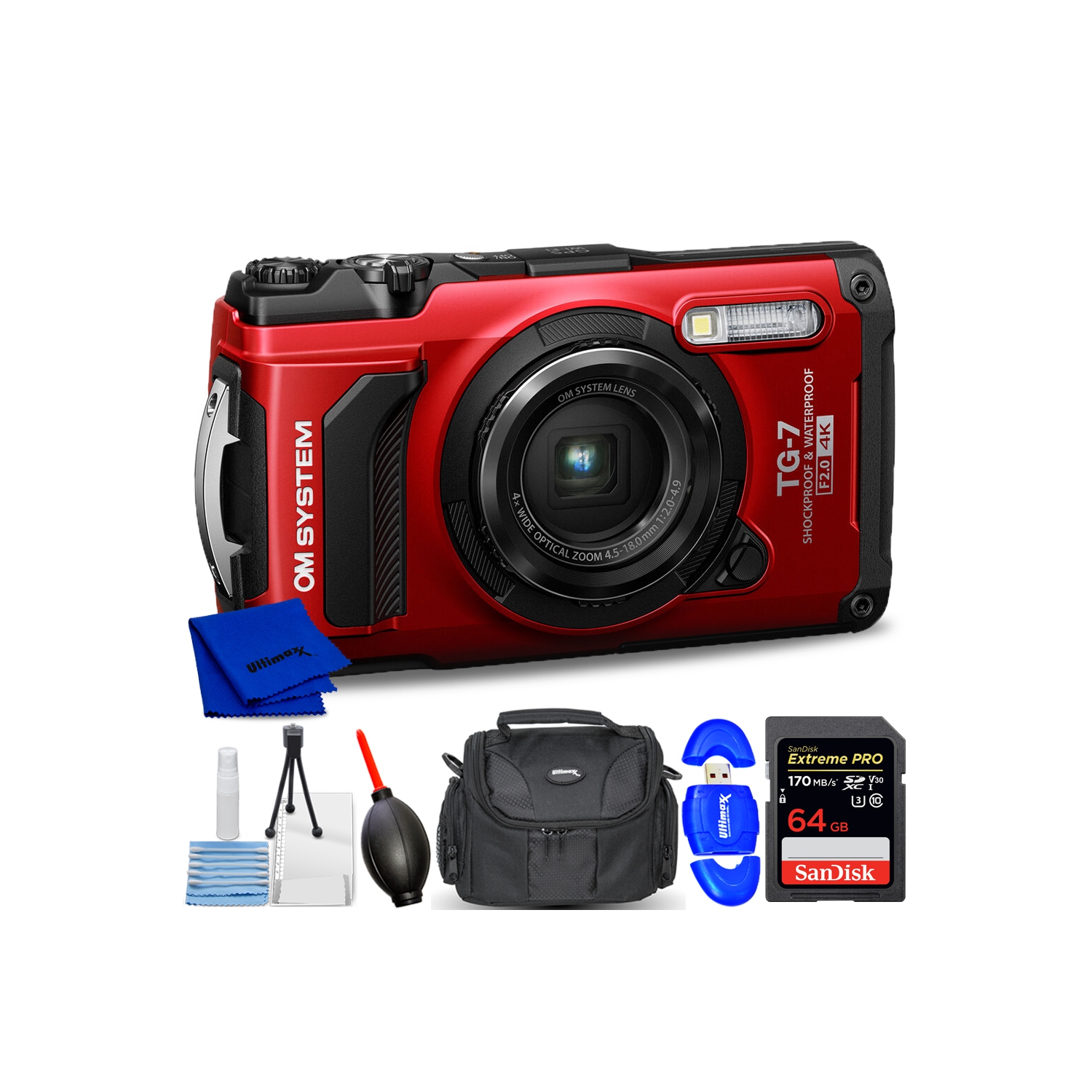 OM SYSTEM Tough TG-7 Digital Camera V110030RU000 - 7PC Accessory Bundle