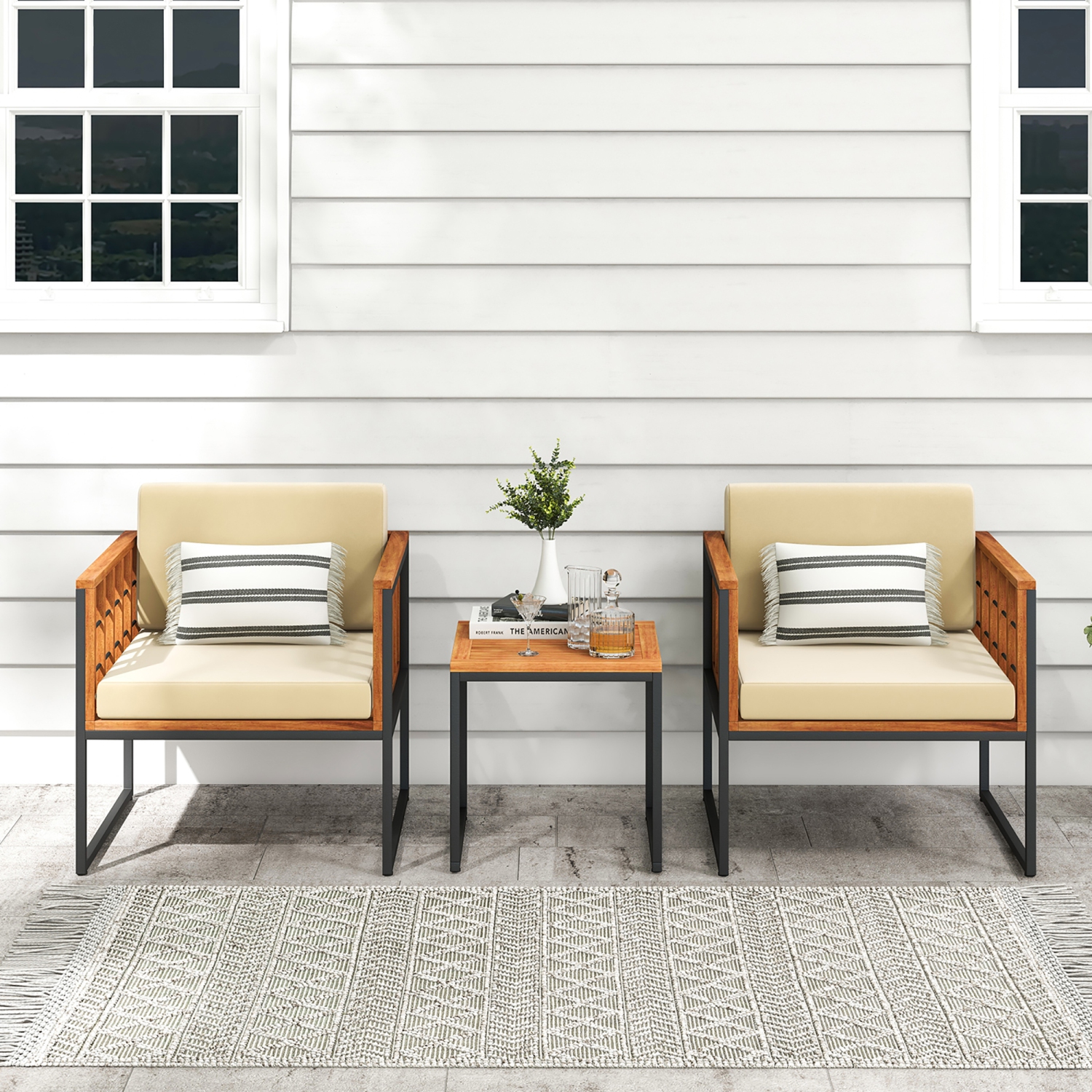 Gymax 3 Pieces Patio Furniture Set Acacia Wood Bistro Conversation Set w/ 2 Cushioned Chairs Beige