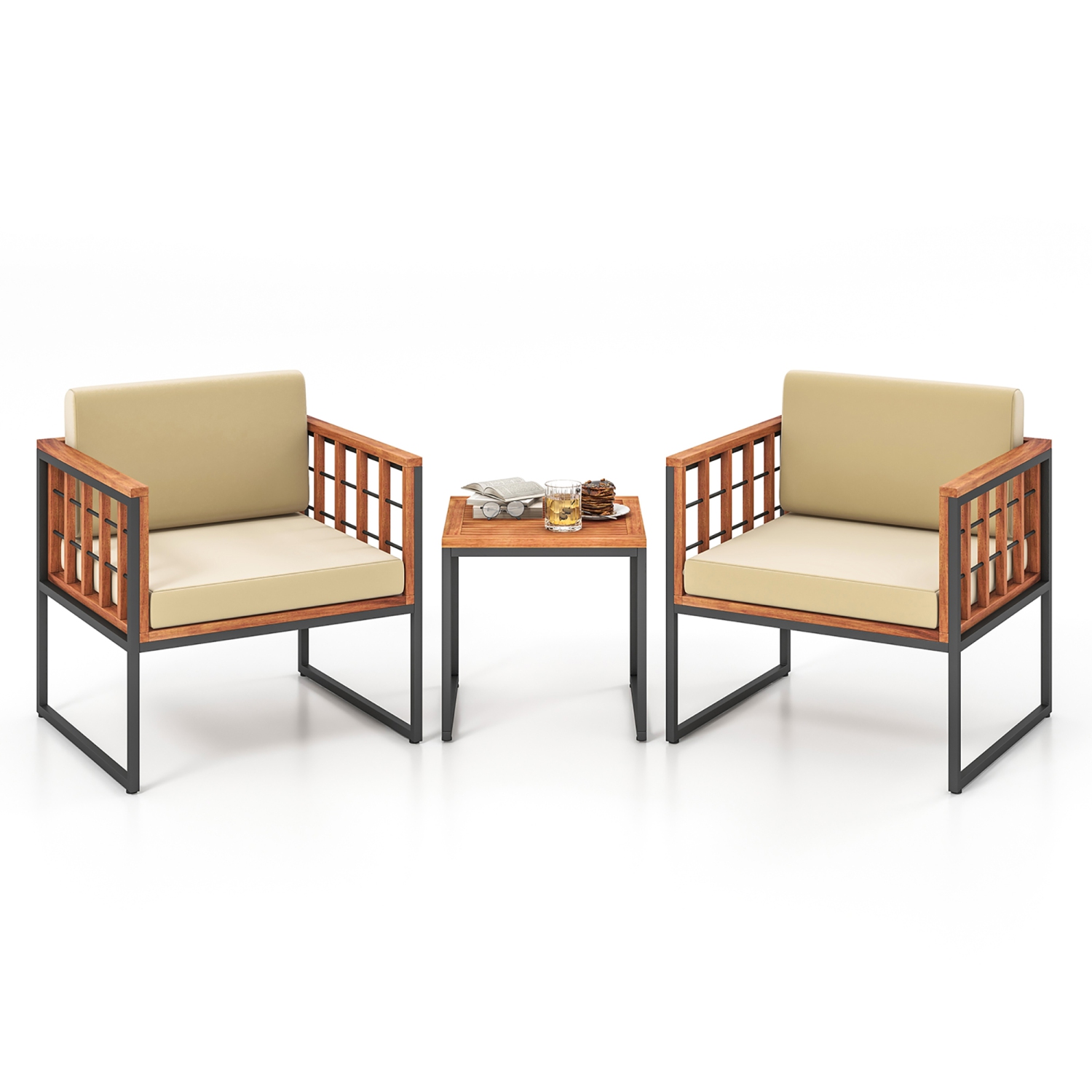 Gymax 3 Pieces Patio Furniture Set Acacia Wood Bistro Conversation Set w/ 2 Cushioned Chairs Beige