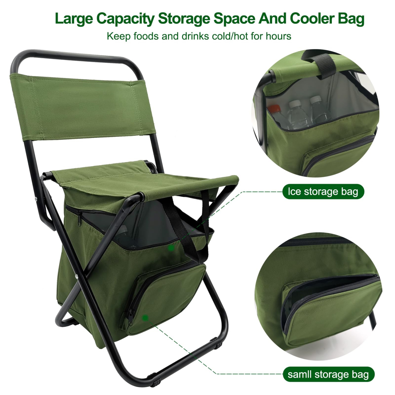 Foldable Camping Chair with Cooler Bag,Lightweight Fishing Chair with Backrest Stool and Handle for Camping,Fishing,Hunting,Hiking,Outdoor