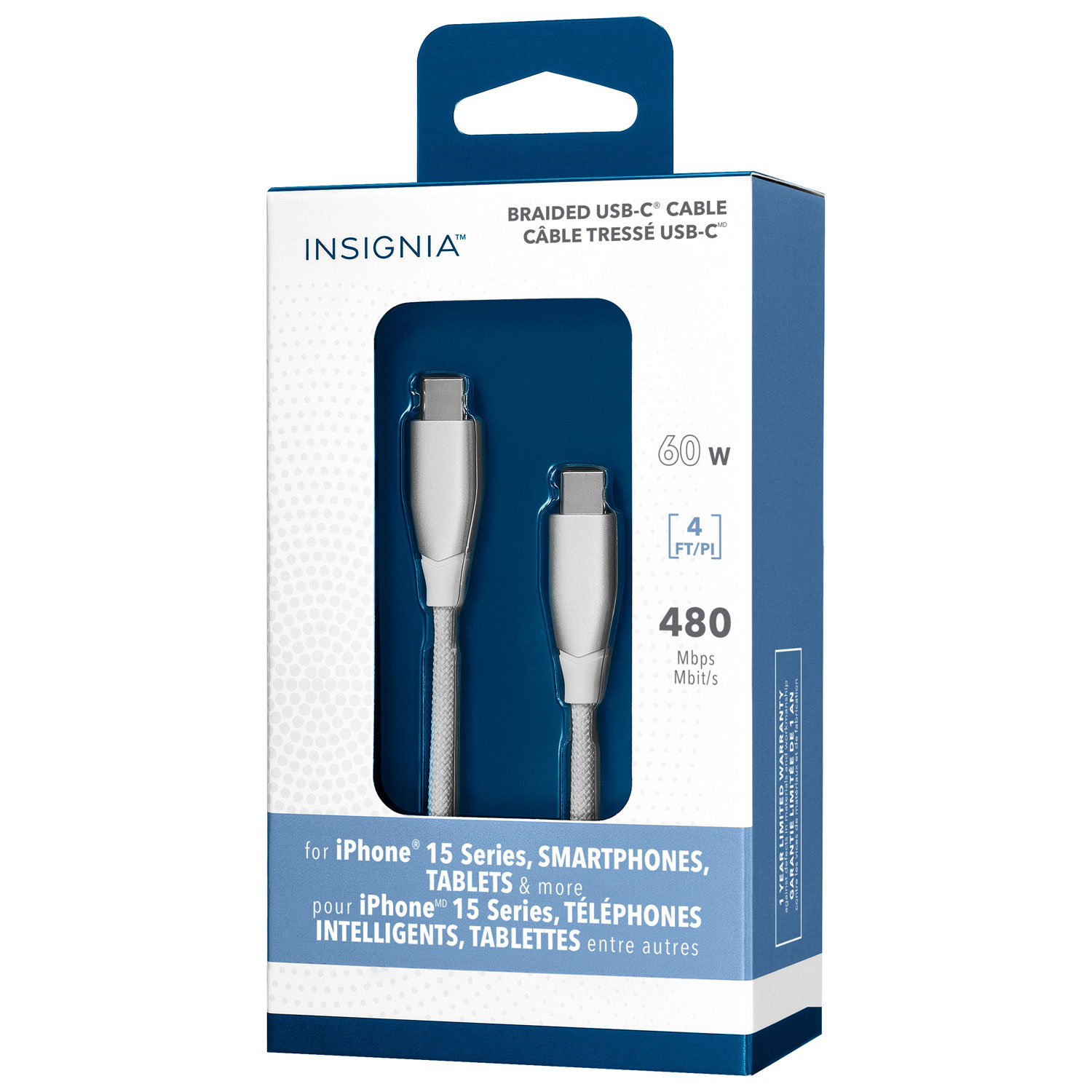 Câble tissé USB-C à USB-C de 1,2 m d'Insignia (NS-MC5CC4W24-C) - Blanc - Exclusivité de Best Buy