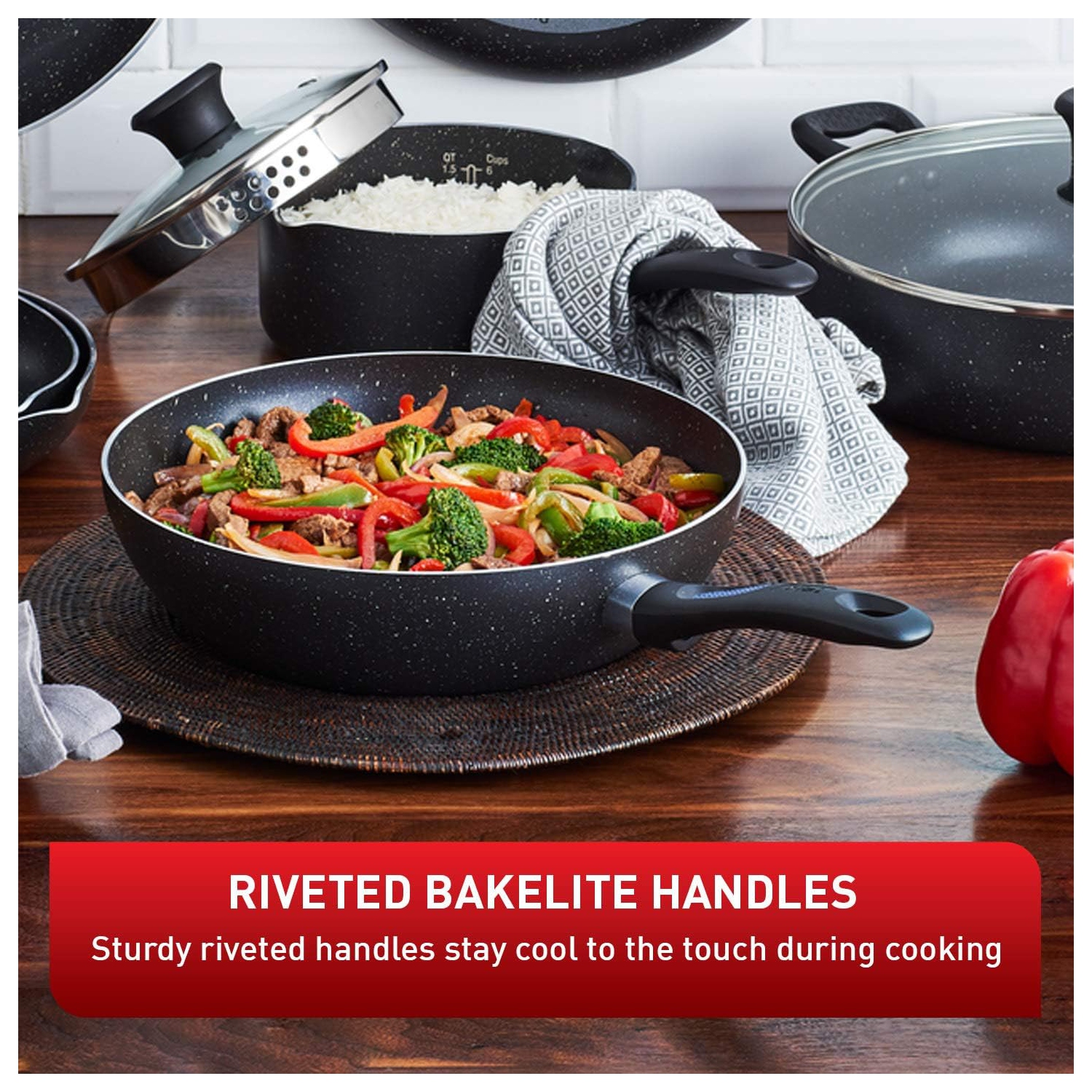 T-fal Signature 9pc Cookware Set, Non Stick pots and Pans, Non Toxic Cookware Set, Thermo-spot Heat Indicator, Dishwasher Safe, Black