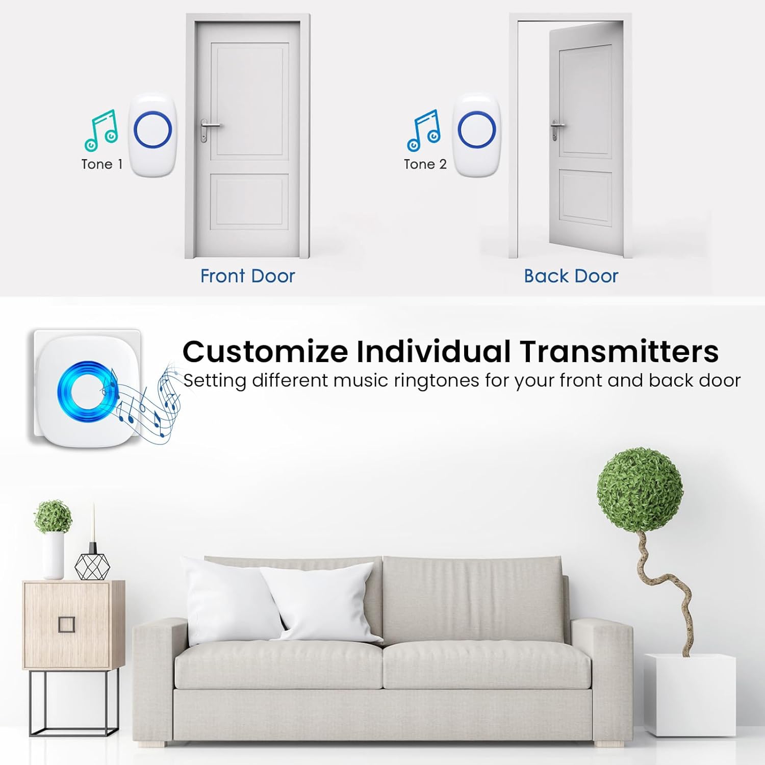 Wireless Doorbell, Chimes with 3 Receivers 2 Buttons, Operating at 1300-ft Range, 58 Ringtones&5 Volume Levels, LED Strobe, Waterproof Doorbell Kit