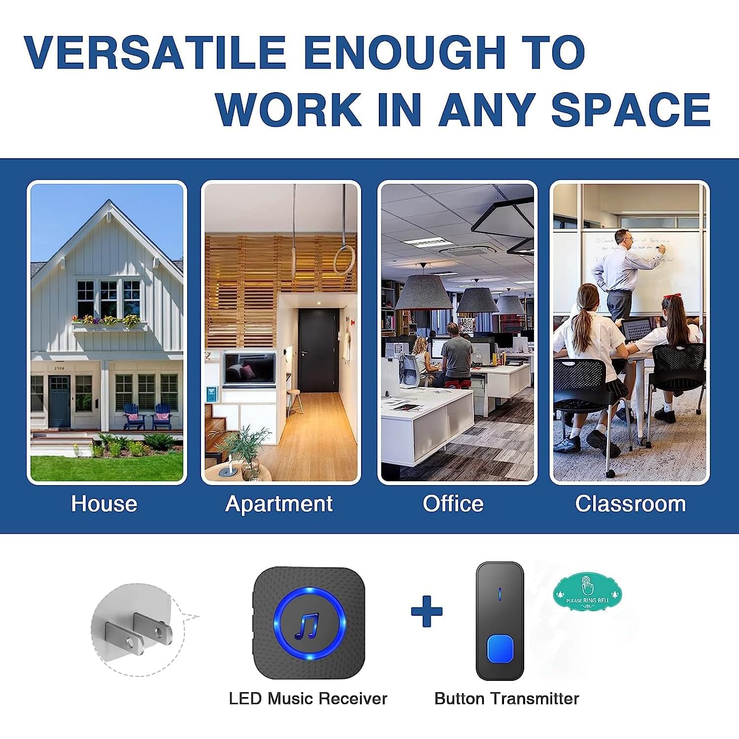 Wireless Doorbell Battery Operated Button 2 Plugin Receivers 1300ft Remote Range Waterproof Door Bell Kits with 55 Chimes 5 Volume Level Flash LED