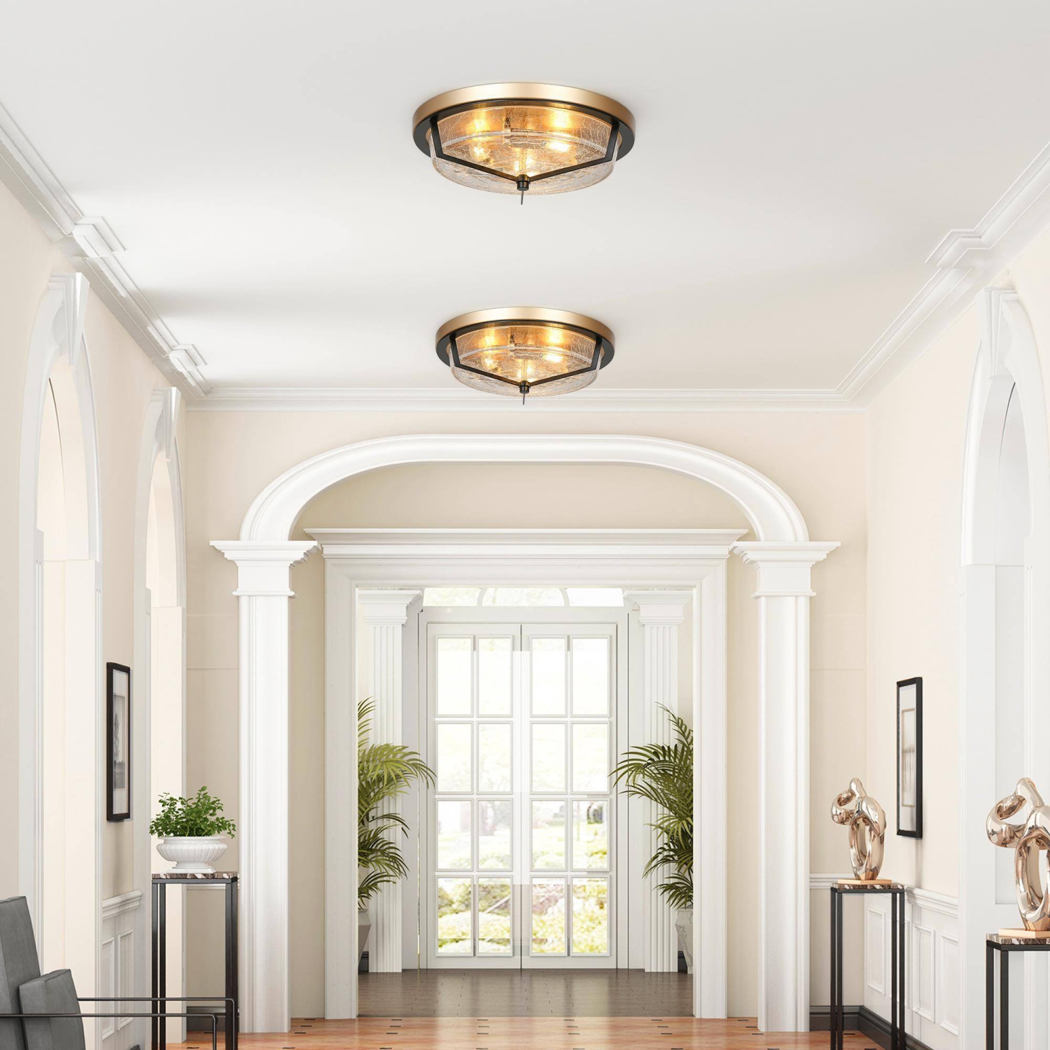 Modern Farmhouse Circle Flush Mount Lighting, 3-Light Gold Transitional Round Ceiling Lights with Crackle Glass Shade