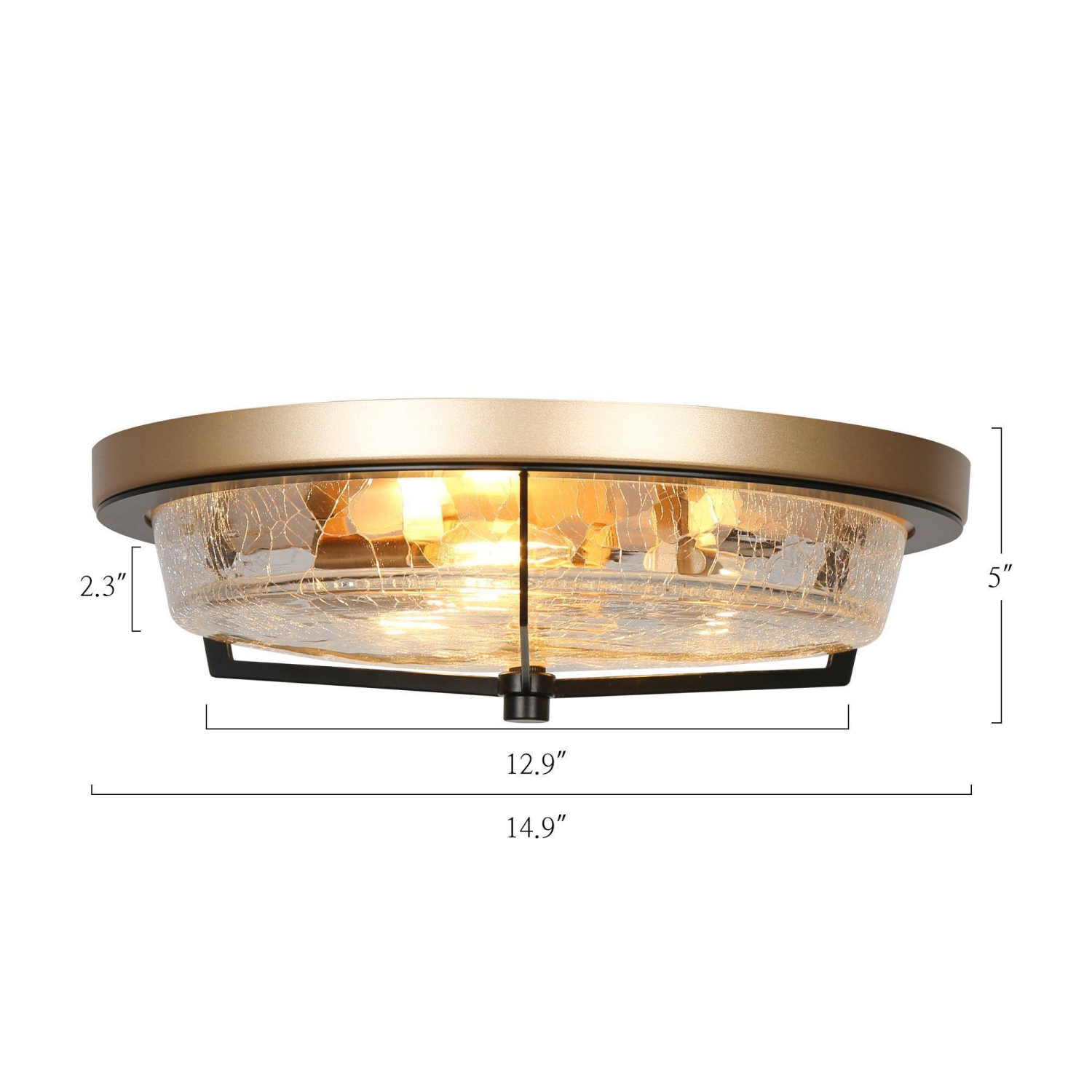 Modern Farmhouse Circle Flush Mount Lighting, 3-Light Gold Transitional Round Ceiling Lights with Crackle Glass Shade