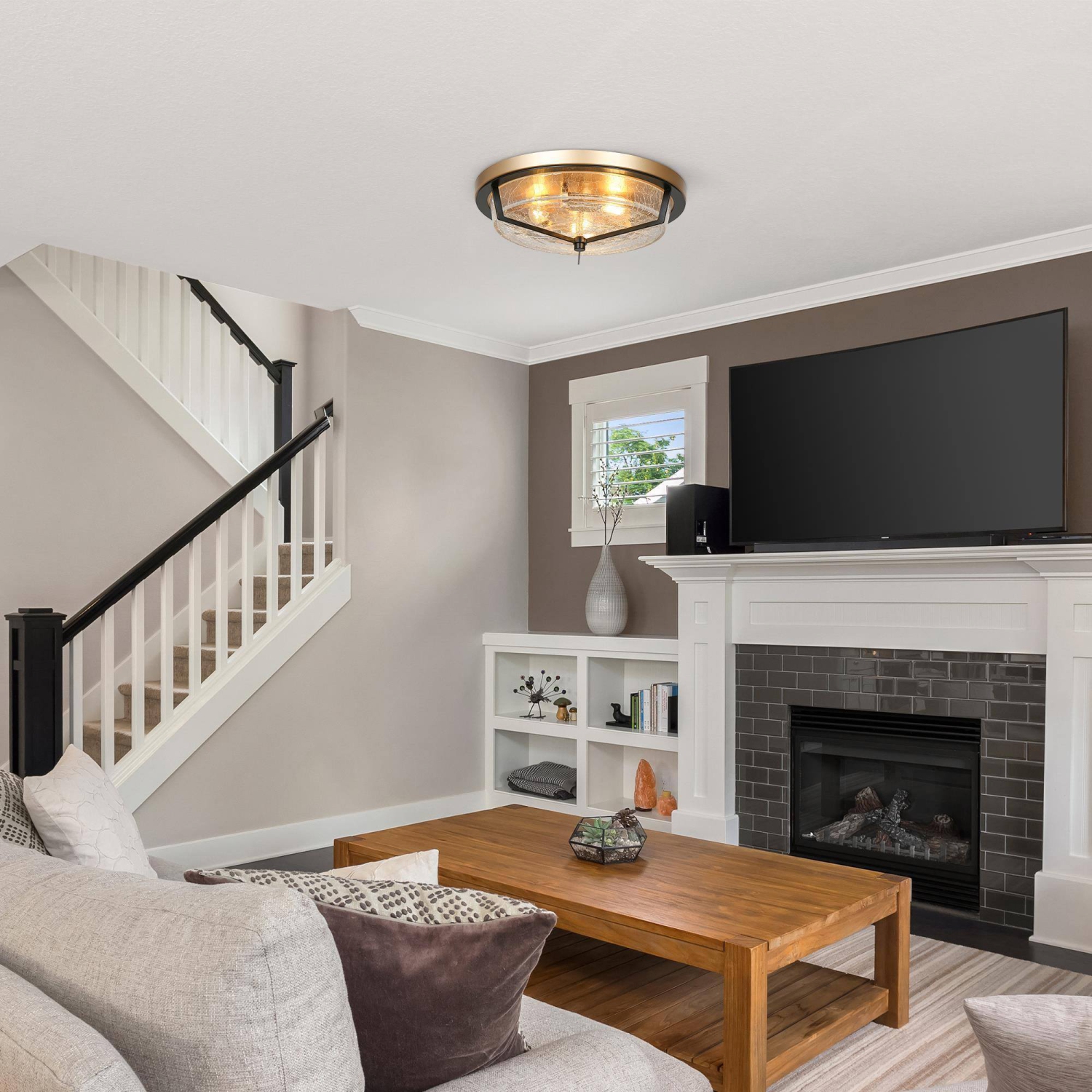 Modern Farmhouse Circle Flush Mount Lighting, 3-Light Gold Transitional Round Ceiling Lights with Crackle Glass Shade