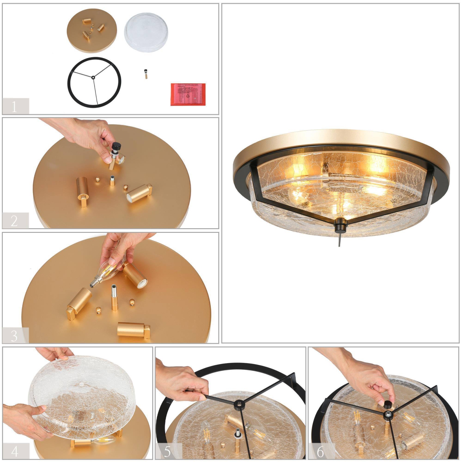 Modern Farmhouse Circle Flush Mount Lighting, 3-Light Gold Transitional Round Ceiling Lights with Crackle Glass Shade