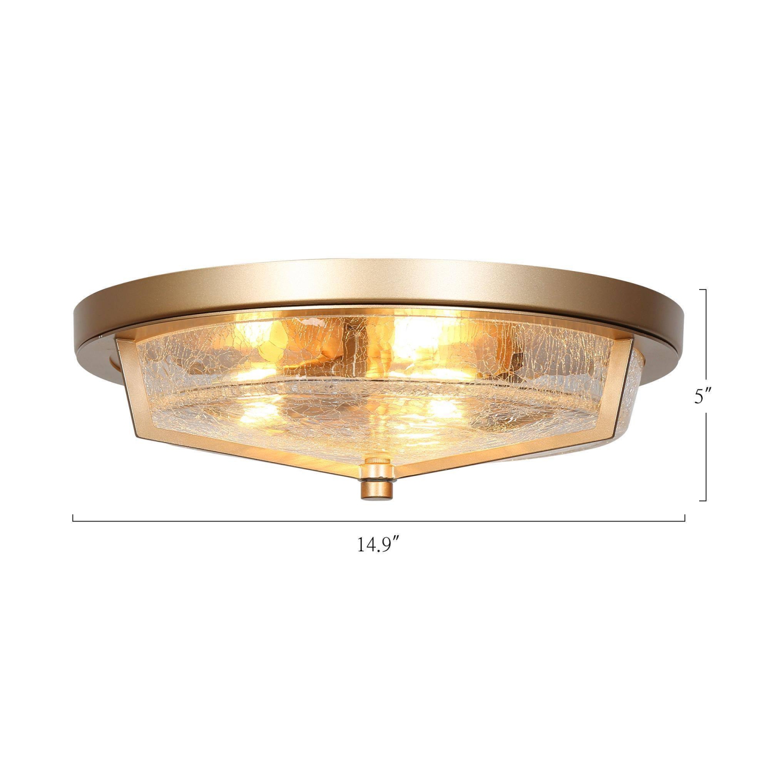 Modern Farmhouse Circle Flush Mount Lighting, 3-Light Gold Transitional Round Ceiling Lights with Crackle Glass Shade