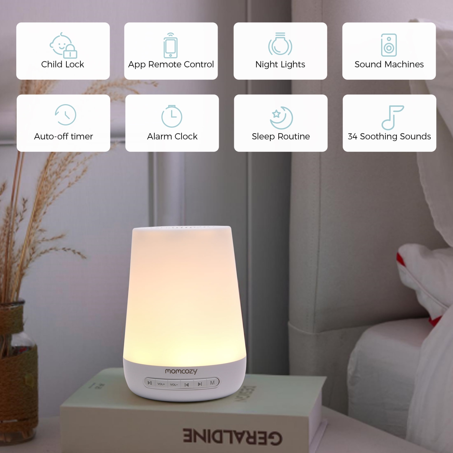 Baby Sound Machine, Momcozy White Noise Machine for Baby Sleeping with Night Light, Toddler Sleep Trainer with 34 Soothing Sounds, Timer, App Remote