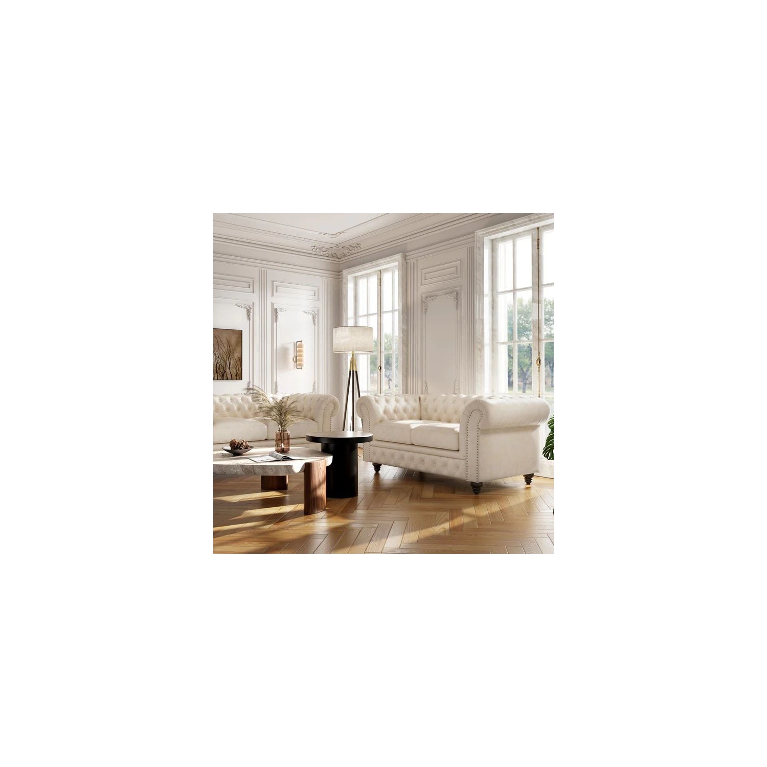 Valencia Parma 82" Wide Full-Aniline Leather 3 Seats Chesterfield Antique White Sofa