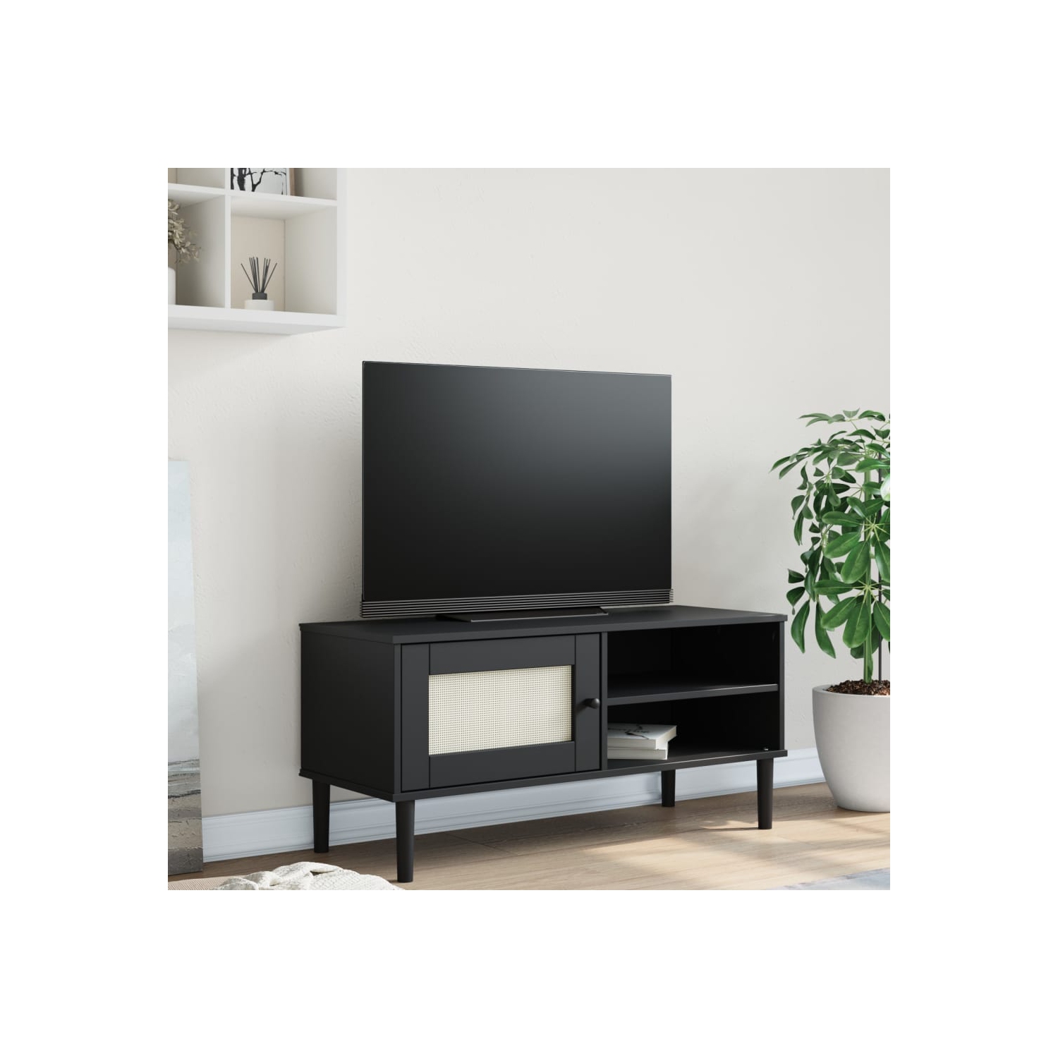 vidaXL TV Cabinet SENJA Rattan Look Black 106x40x49cm Solid Wood Pine
