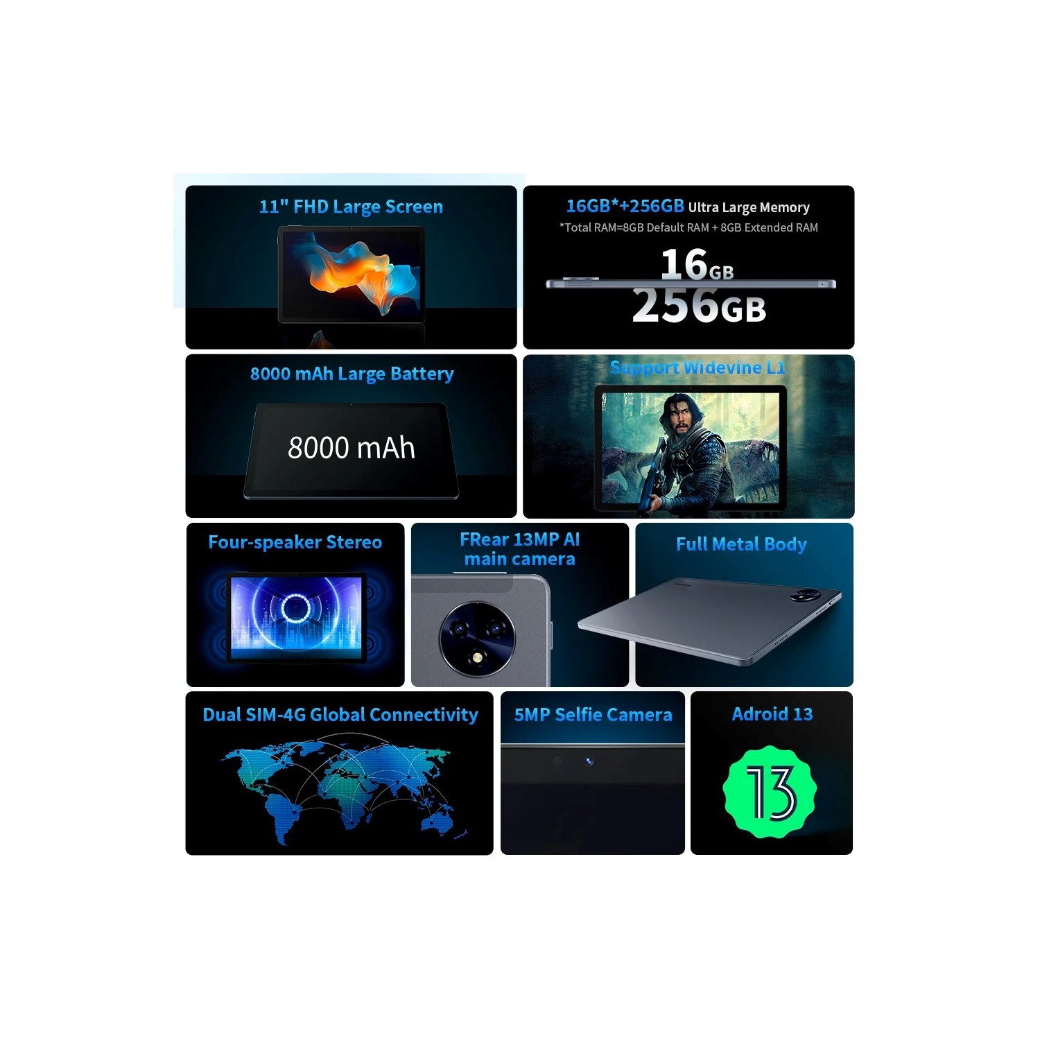 Tablette A5 11 po de FreeYond, mémoire vive 8&nbsp;Go HD intégrale, stockage 256&nbsp;Go, Android 13, étui folio gratuit-Gris ciel