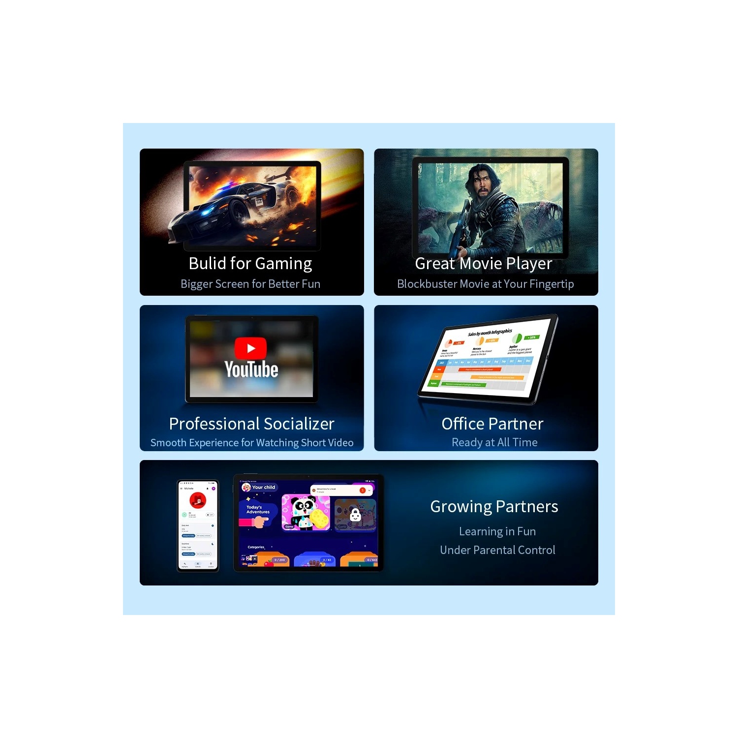 Tablette A5 11 po de FreeYond, mémoire vive 8&nbsp;Go HD intégrale, stockage 256&nbsp;Go, Android 13, étui folio gratuit-Gris ciel