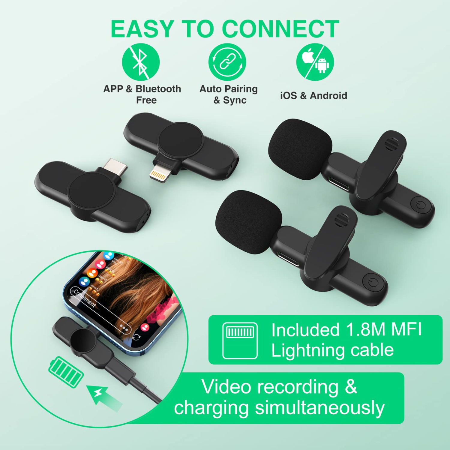 Wireless Lavalier Microphone for iPhone/ipad/Android,Lapel Clip on Microphone Plug-Play Auto-Sync for Facebook,YouTube,Video/Vlog Recording,Live