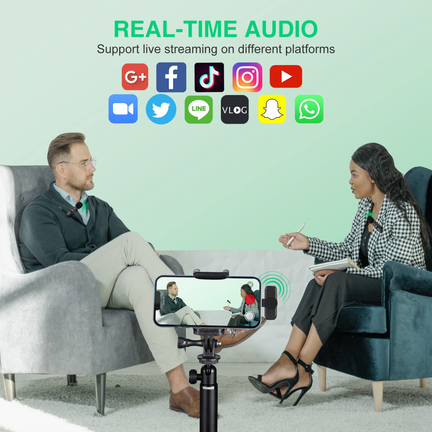 Wireless Lavalier Microphone for iPhone/ipad/Android,Lapel Clip on Microphone Plug-Play Auto-Sync for Facebook,YouTube,Video/Vlog Recording,Live