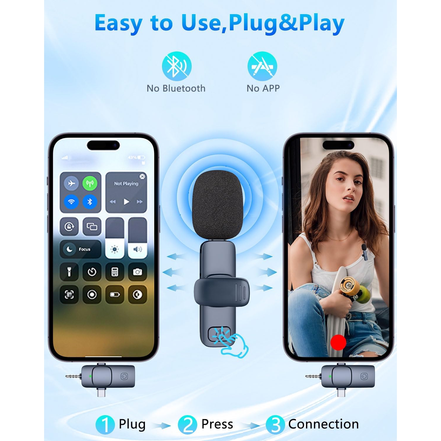 Micro-cravate sans fil 4-en-1 pour iPhone Android Phone, appareil photo, ordinateur, ordinateur portable Micro-cravate professionnel avec USB-C