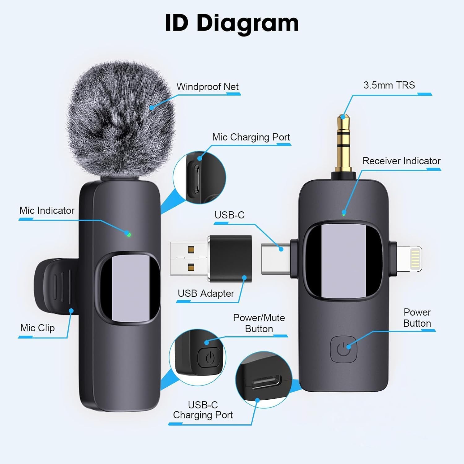 Micro-cravate sans fil 4-en-1 pour iPhone Android Phone, appareil photo, ordinateur, ordinateur portable Micro-cravate professionnel avec USB-C