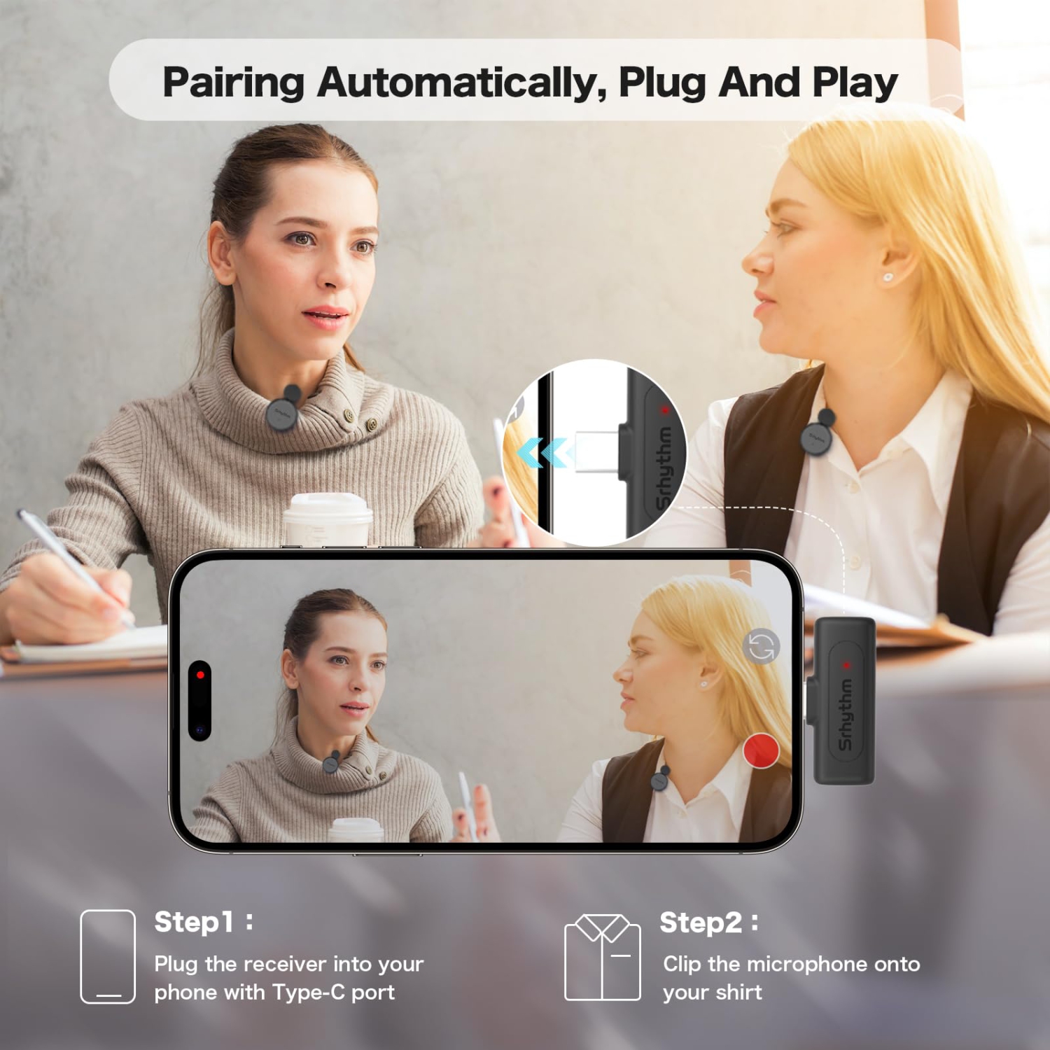 Srhythm M1 2 Pack Wireless Lavalier Microphones, Lapel Clip-on Microphone, Noise Cancellation, USB-C Output, 10H Playtime for Vlog,