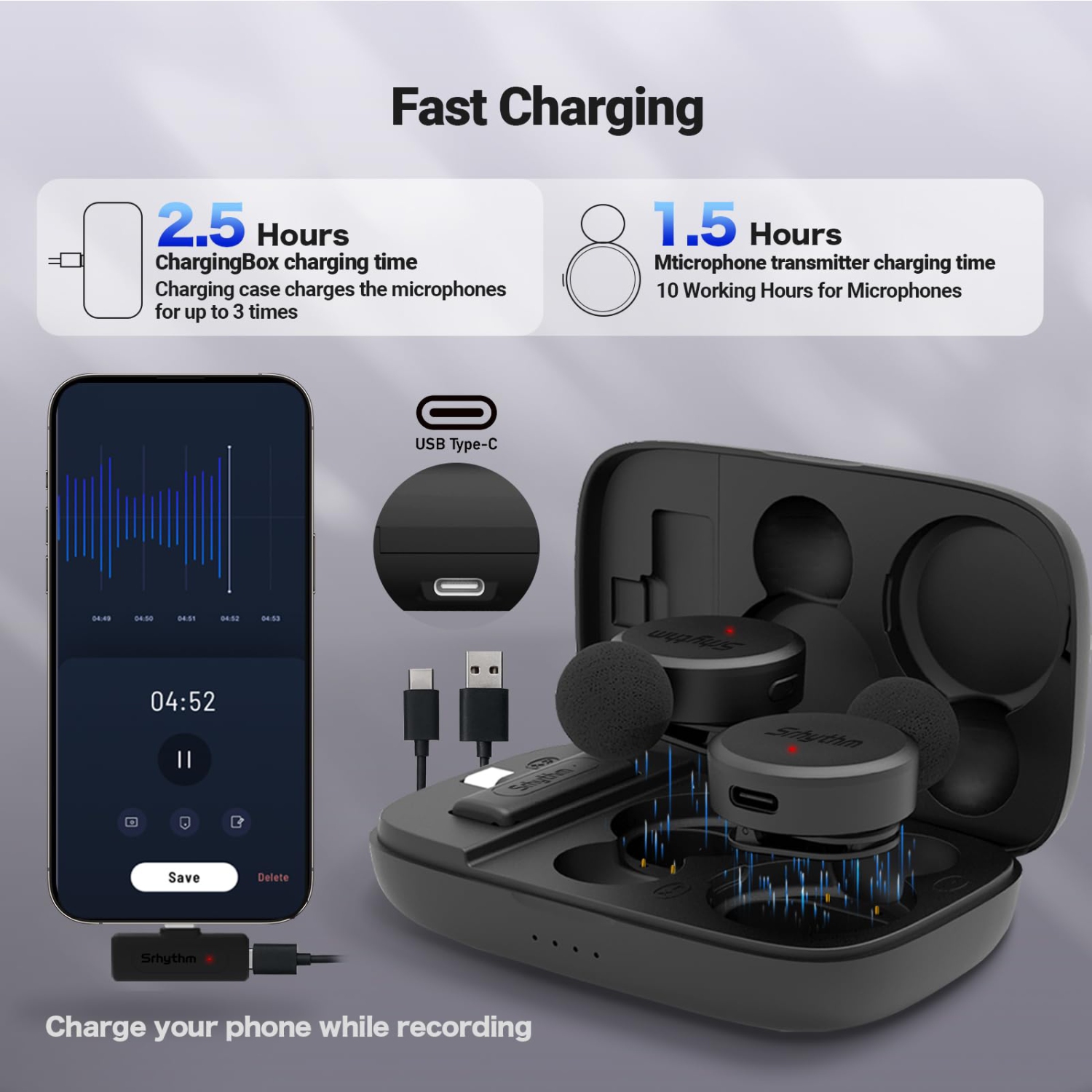 Srhythm M1 2 Pack Wireless Lavalier Microphones, Lapel Clip-on Microphone, Noise Cancellation, USB-C Output, 10H Playtime for Vlog,