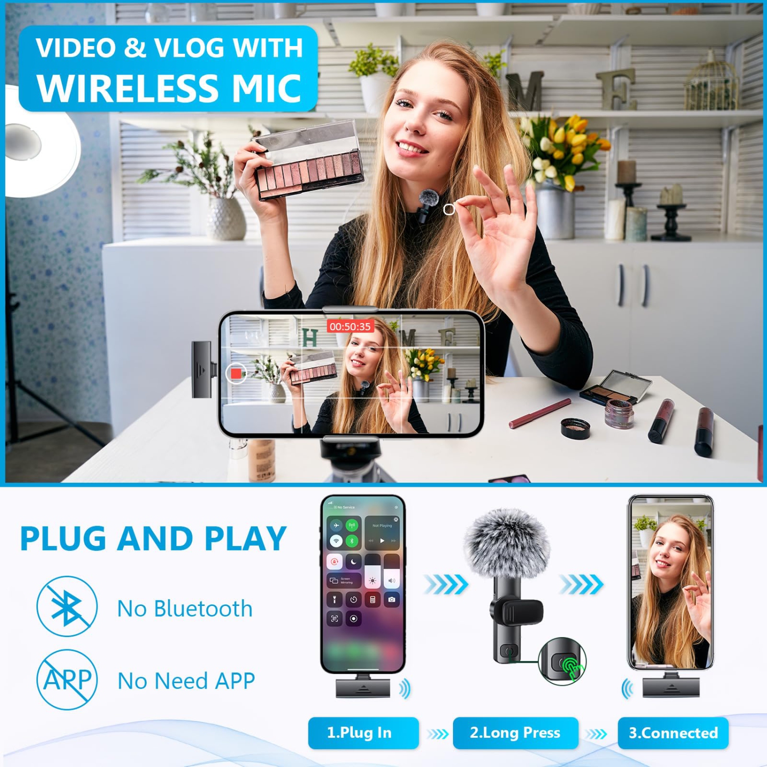 Mini microphone sans fil pour iPhone iPad, micro-cravate double sans fil, mini micro sans fil prêt à l'emploi pour l'enregistrement vidéo, les