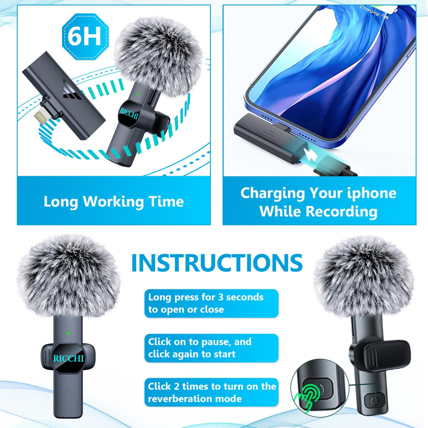 Mini microphone sans fil pour iPhone iPad, micro-cravate double sans fil, mini micro sans fil prêt à l'emploi pour l'enregistrement vidéo, les