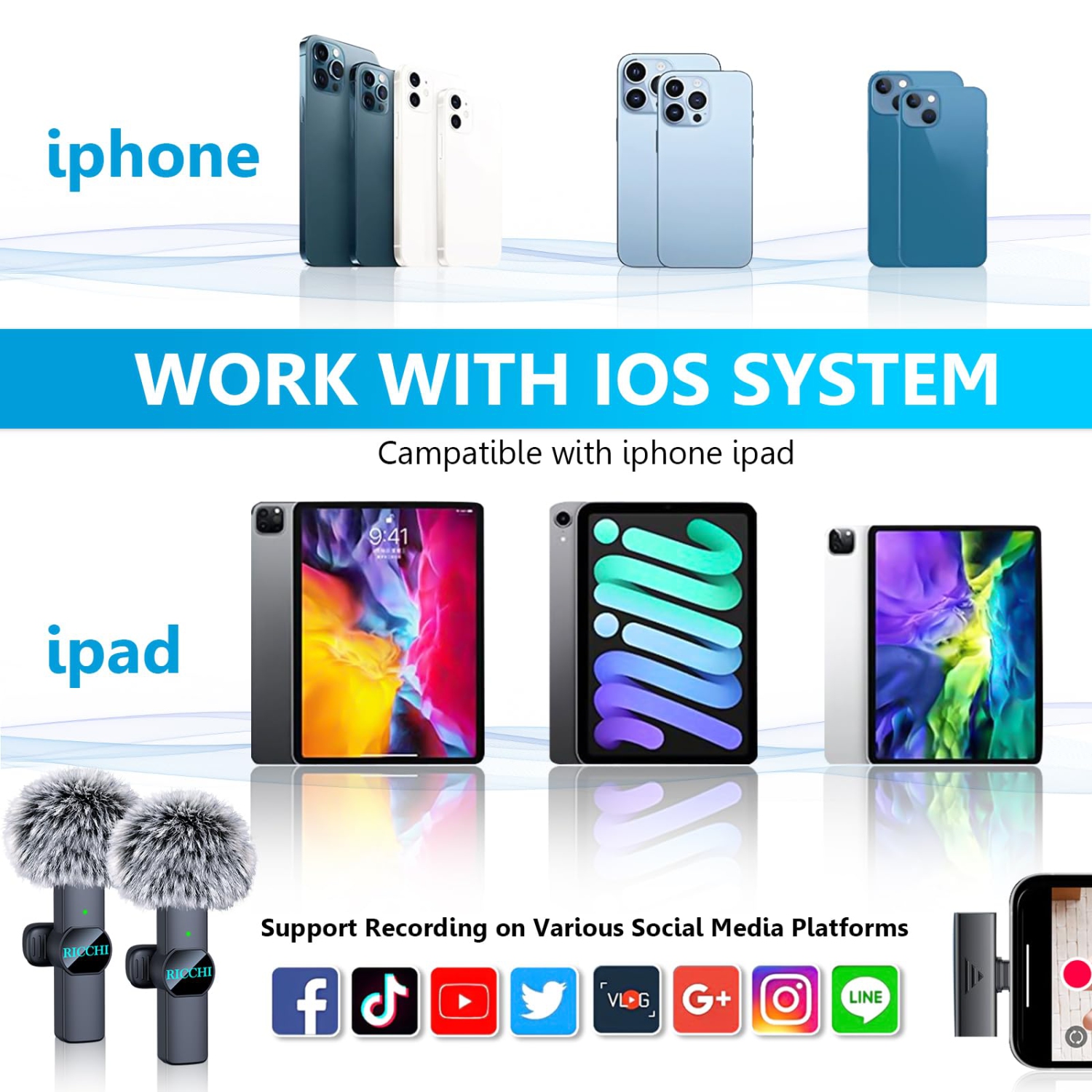 Mini microphone sans fil pour iPhone iPad, micro-cravate double sans fil, mini micro sans fil prêt à l'emploi pour l'enregistrement vidéo, les