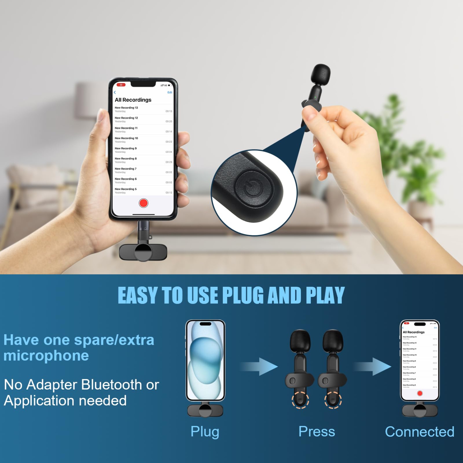 2 Pack Wireless Microphone for iPhone Android Laptop, Plug-Play, Auto Sync and Noise Reduction, Clip On Lapel Mic for Video Recording, YouTube,