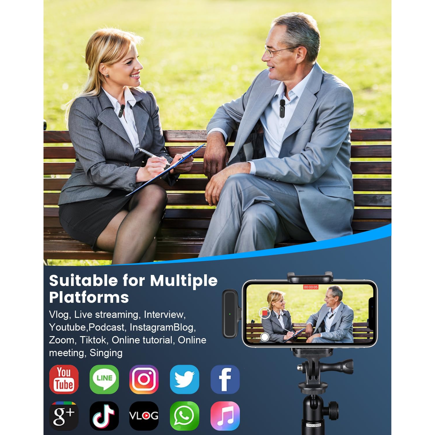 2 Pack Wireless Lavalier Microphone for iPhone iPad with Charging Case, Intelligent Noise Reduction Lapel Microphone, Plug and Play Clip on Mic for