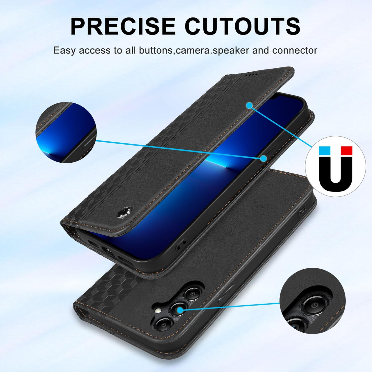 Étui folio rabat cuir pu Galaxy S24 5G Premium Samsung Galaxy S24 avec fentes pour cartes support magnétique robuste étui souple TPU - Noir