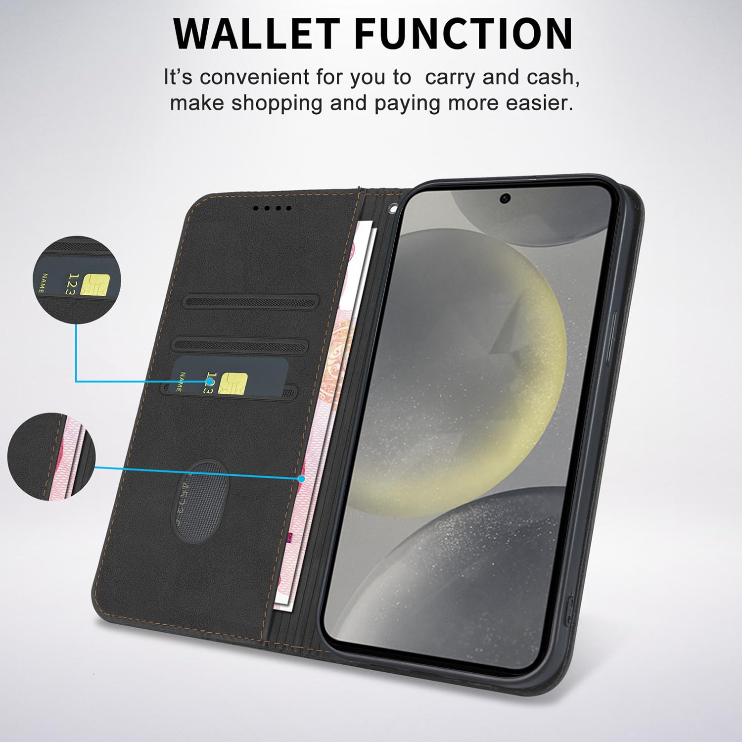 Étui folio rabat cuir pu Galaxy S24 5G Premium Samsung Galaxy S24 avec fentes pour cartes support magnétique robuste étui souple TPU - Noir