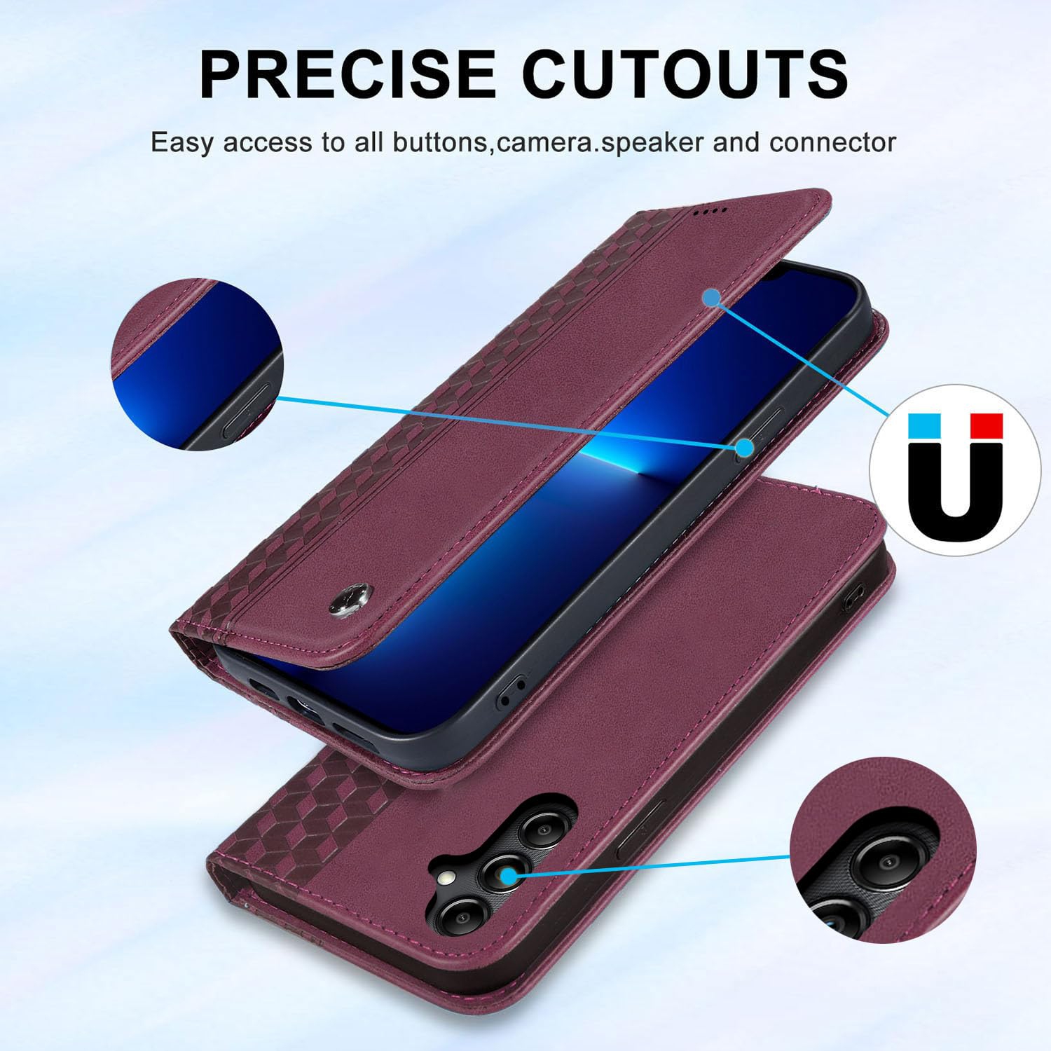 Étui folio rabat cuir pu Galaxy S24 5G Premium Samsung Galaxy S24 avec fentes pour cartes Support magnétique robuste étui souple en TPU - Rouge vin