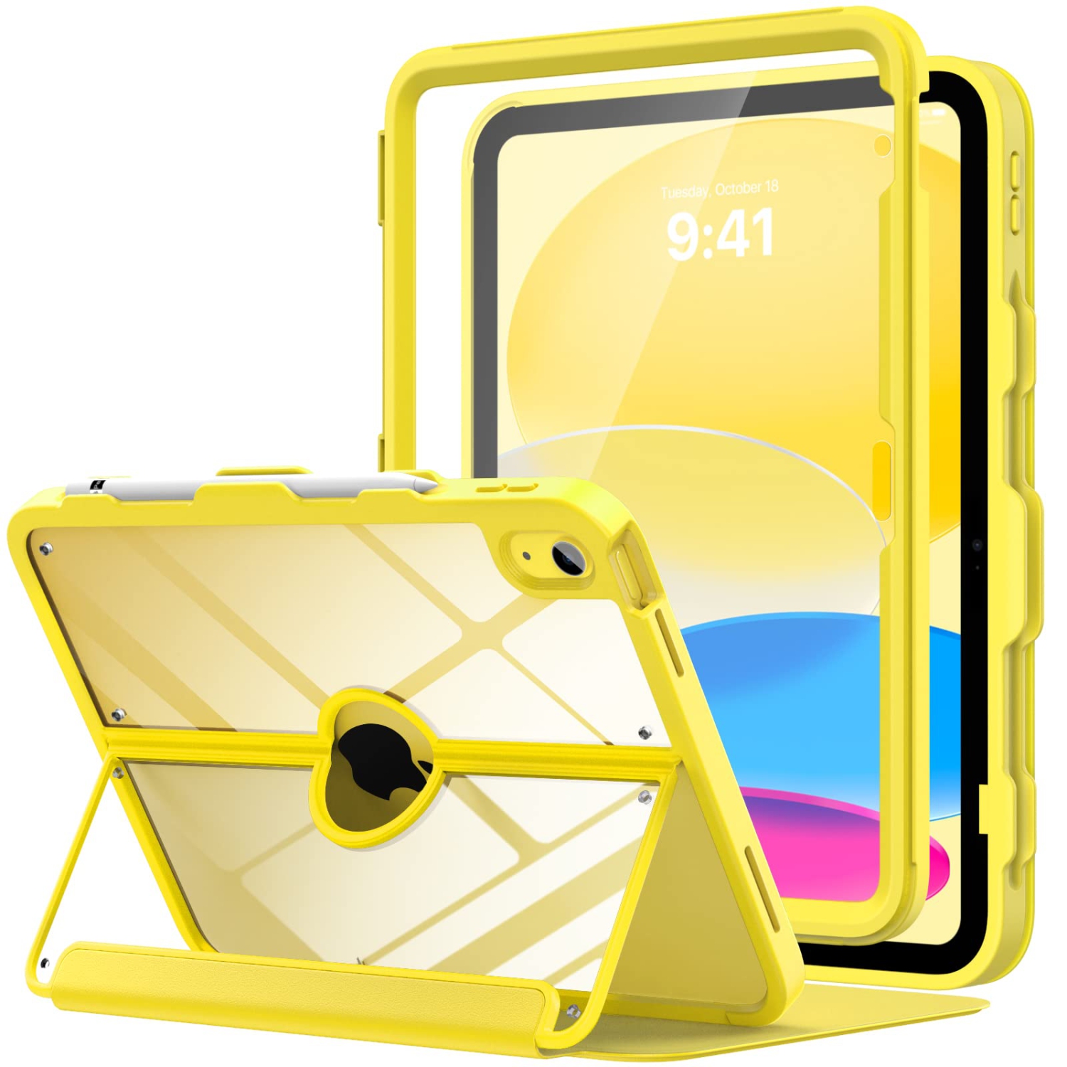 iPad 10th Generation Case with Pencil Holder,10.9", Built-in Screen Protector Clear Back, Stain Resistant Multi Angle Viewing Stand, Auto Wake/Sleep,