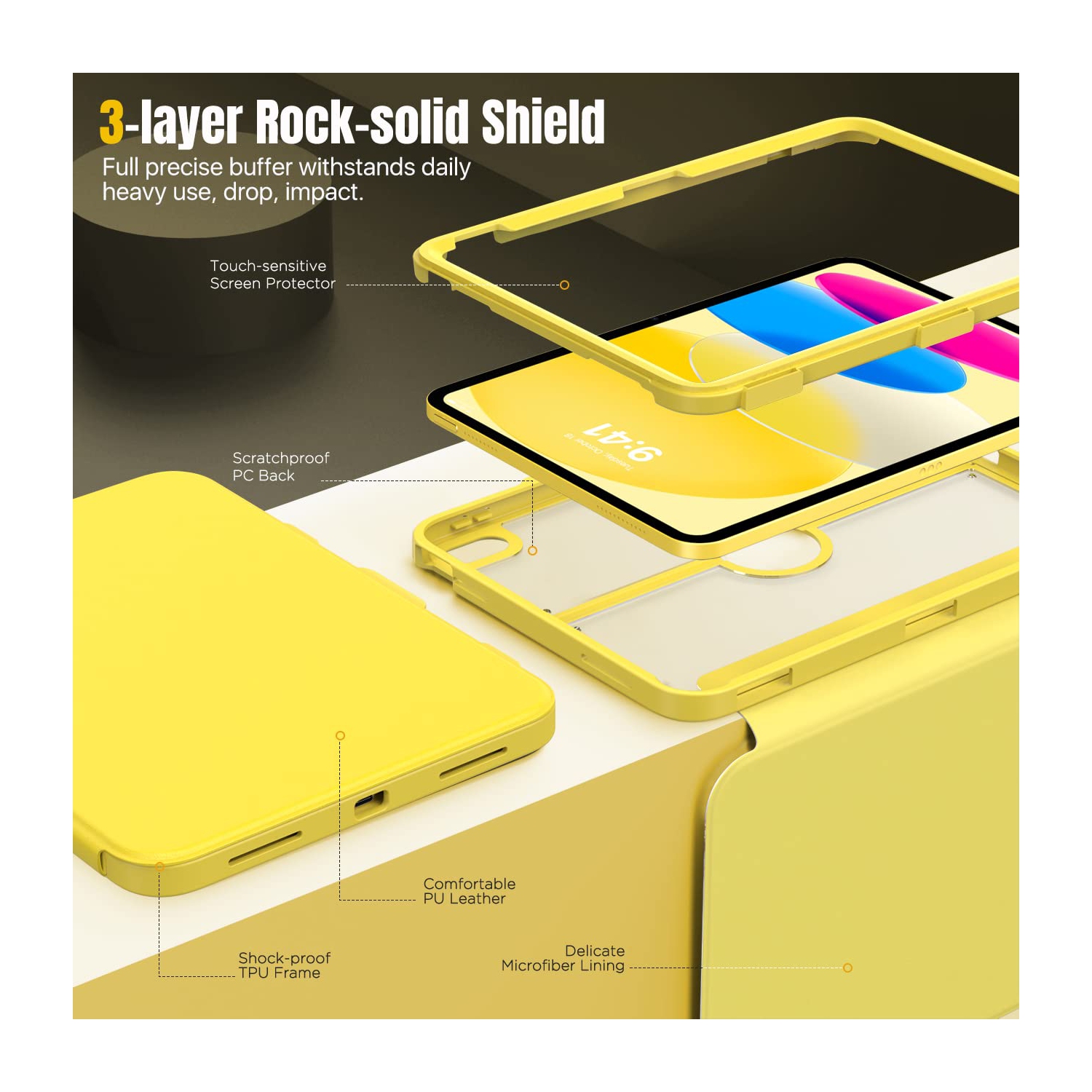 iPad 10th Generation Case with Pencil Holder,10.9", Built-in Screen Protector Clear Back, Stain Resistant Multi Angle Viewing Stand, Auto Wake/Sleep,