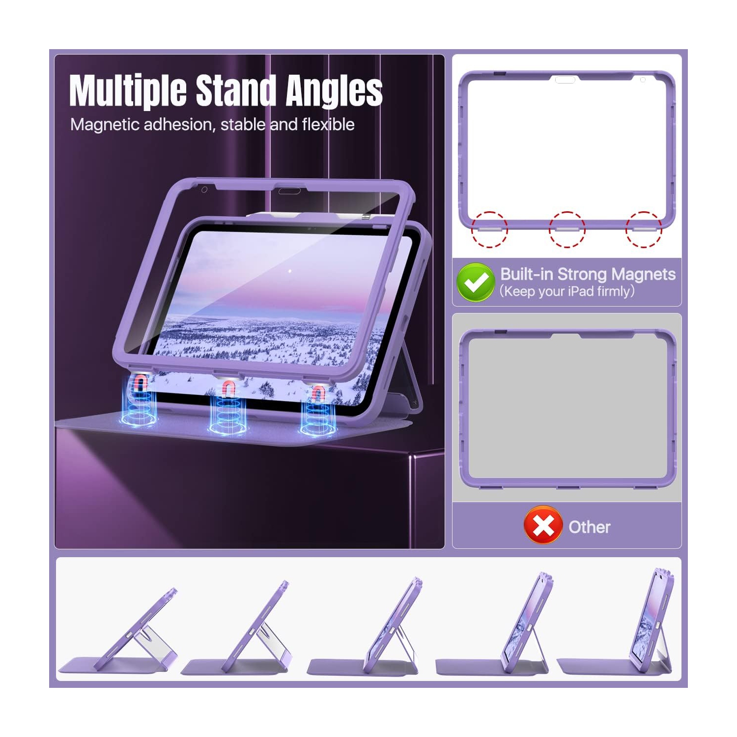 iPad 10th génération avec porte-crayon, protecteur d'écran intégré résistant aux taches, support de visionnement multiangle, auto Wake/Sleep, violet