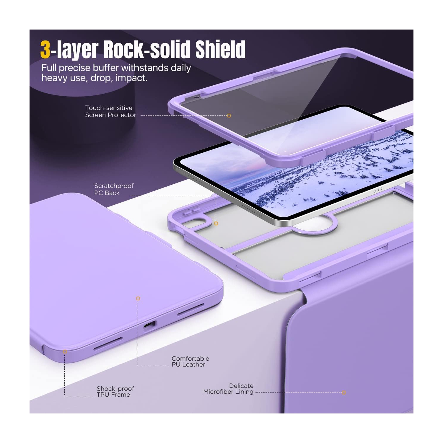 iPad 10th génération avec porte-crayon, protecteur d'écran intégré résistant aux taches, support de visionnement multiangle, auto Wake/Sleep, violet