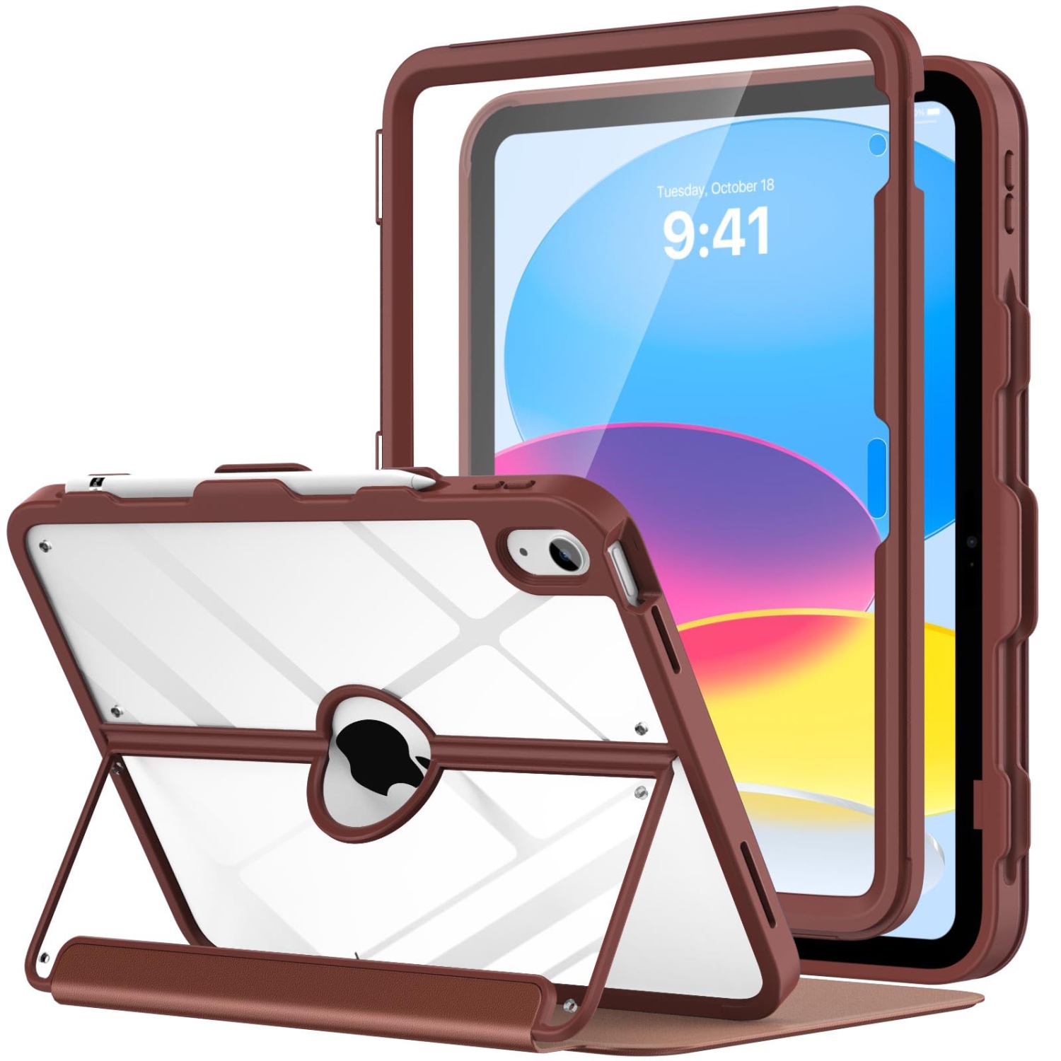 iPad 10th Generation Case with Pencil Holder, 10.9", Built-in Screen Protector Clear Back, Multi Angle Viewing Stand, Auto Wake/Sleep, Brown